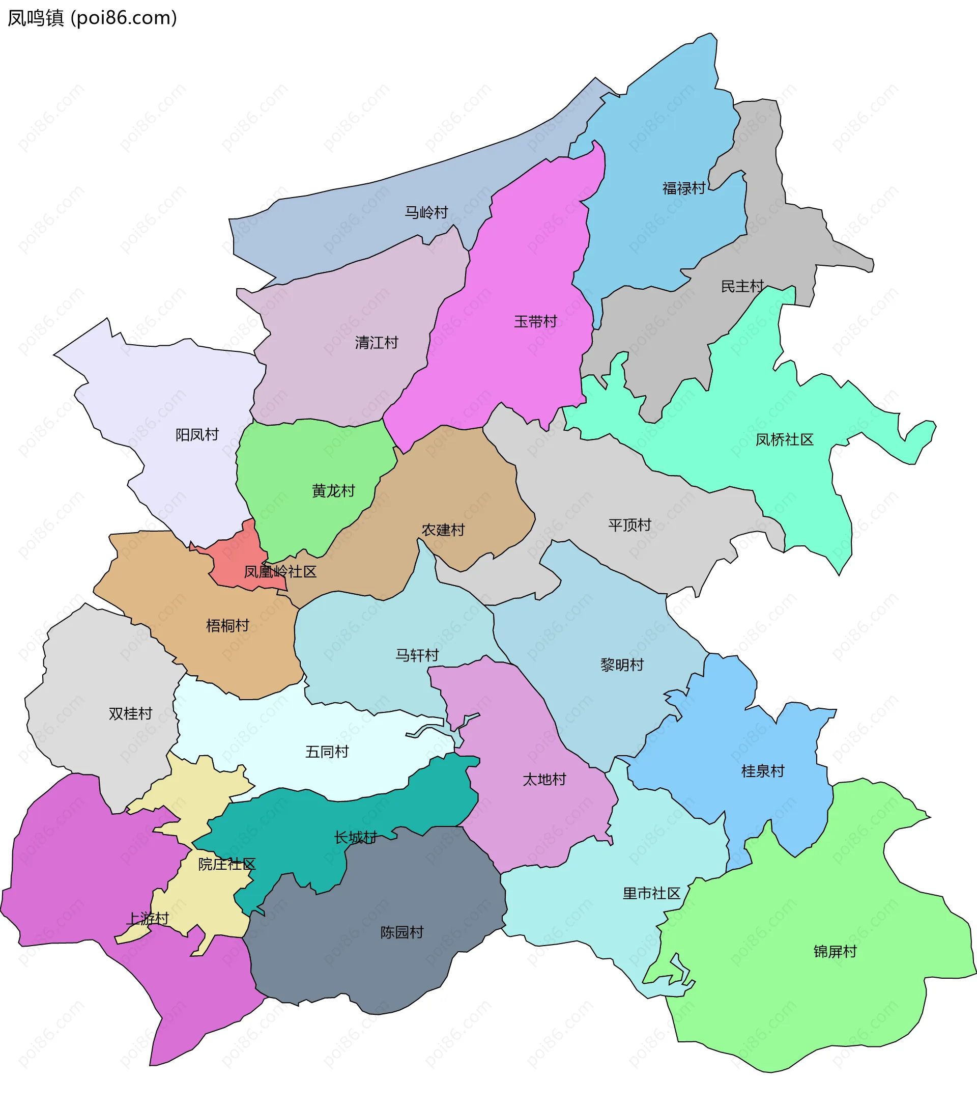 凤鸣镇边界地图(五级行政区划)