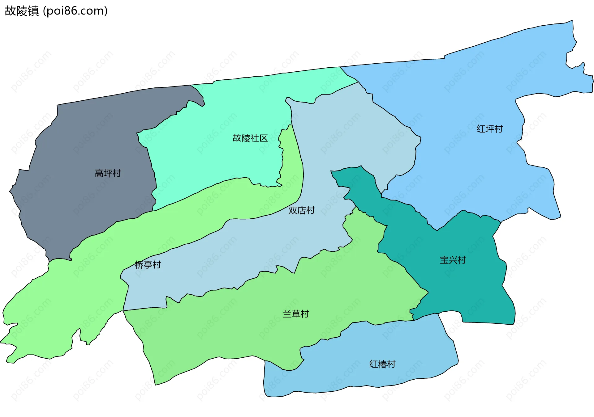 故陵镇边界地图(五级行政区划)