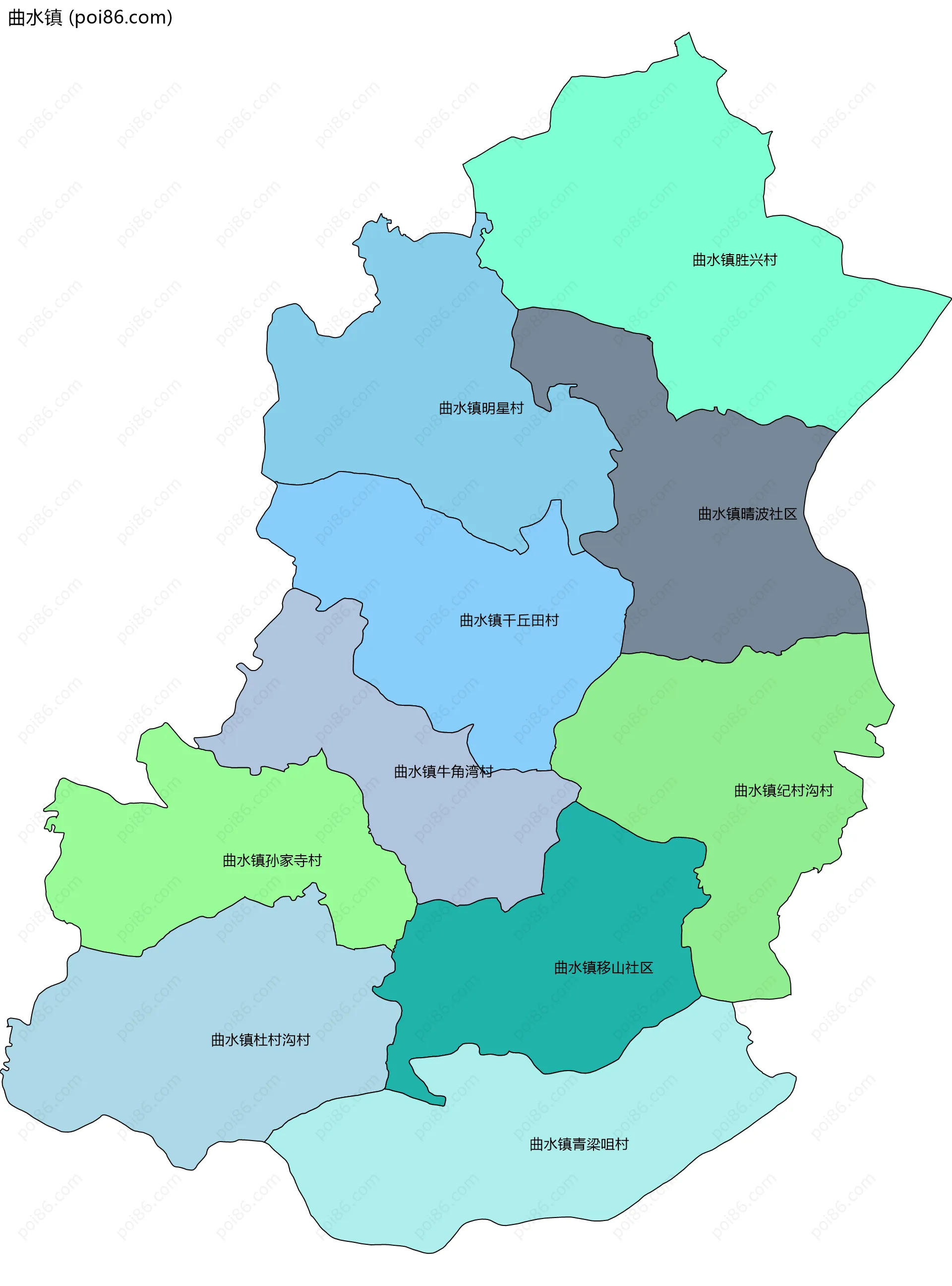 曲水镇边界地图(五级行政区划)