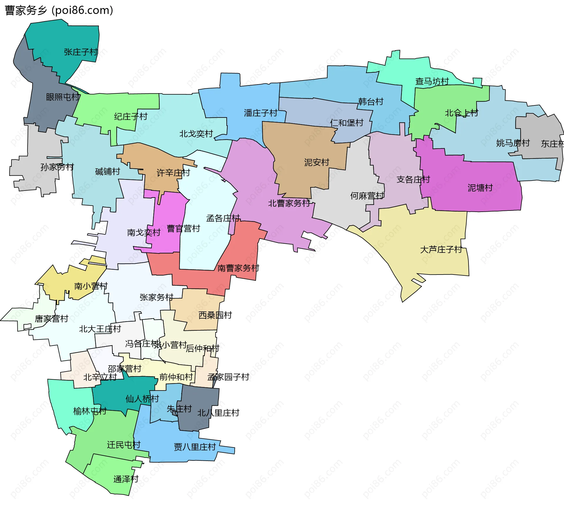曹家务乡边界地图(五级行政区划)