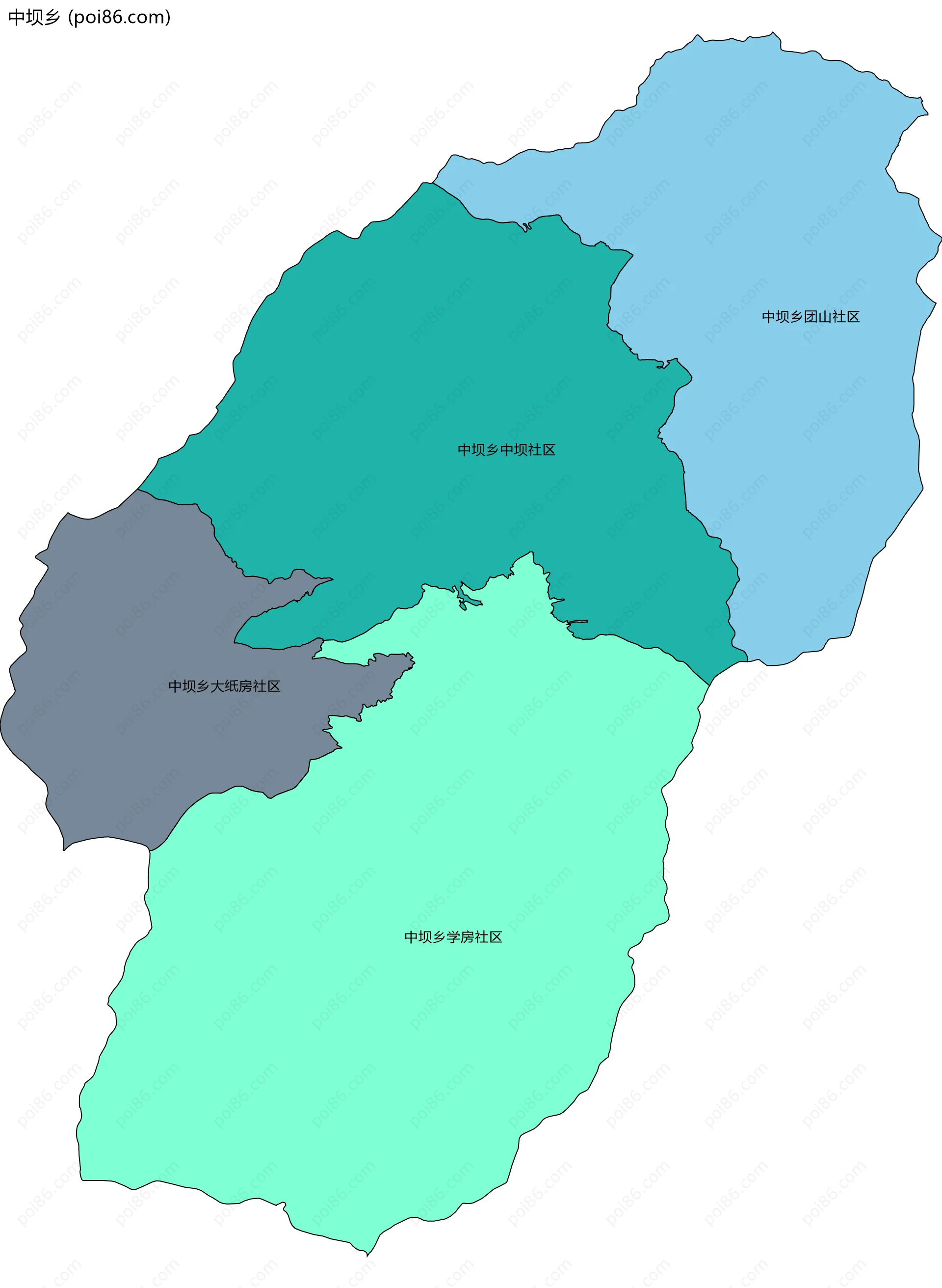 中坝乡边界地图(五级行政区划)