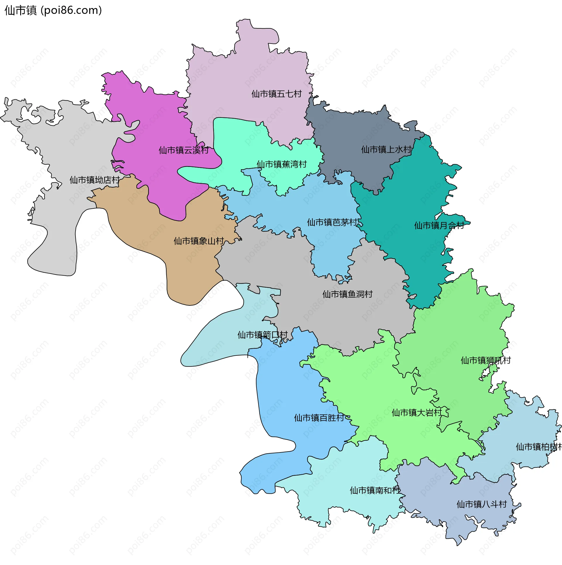 仙市镇边界地图(五级行政区划)