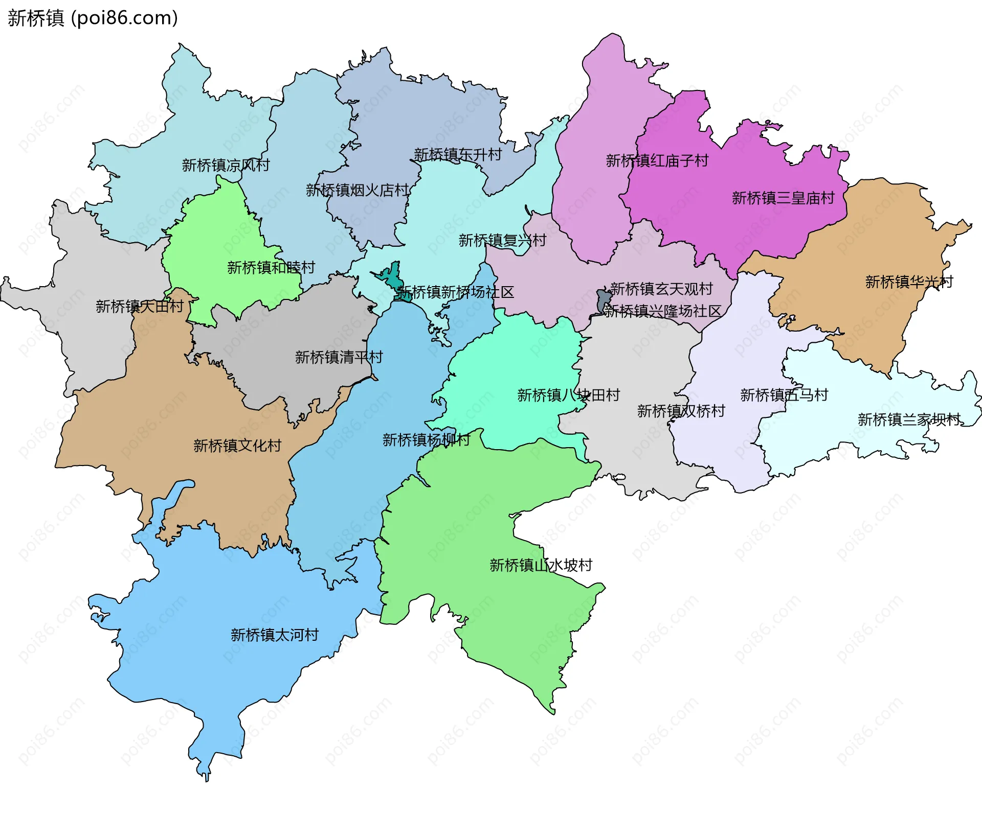 新桥镇边界地图(五级行政区划)