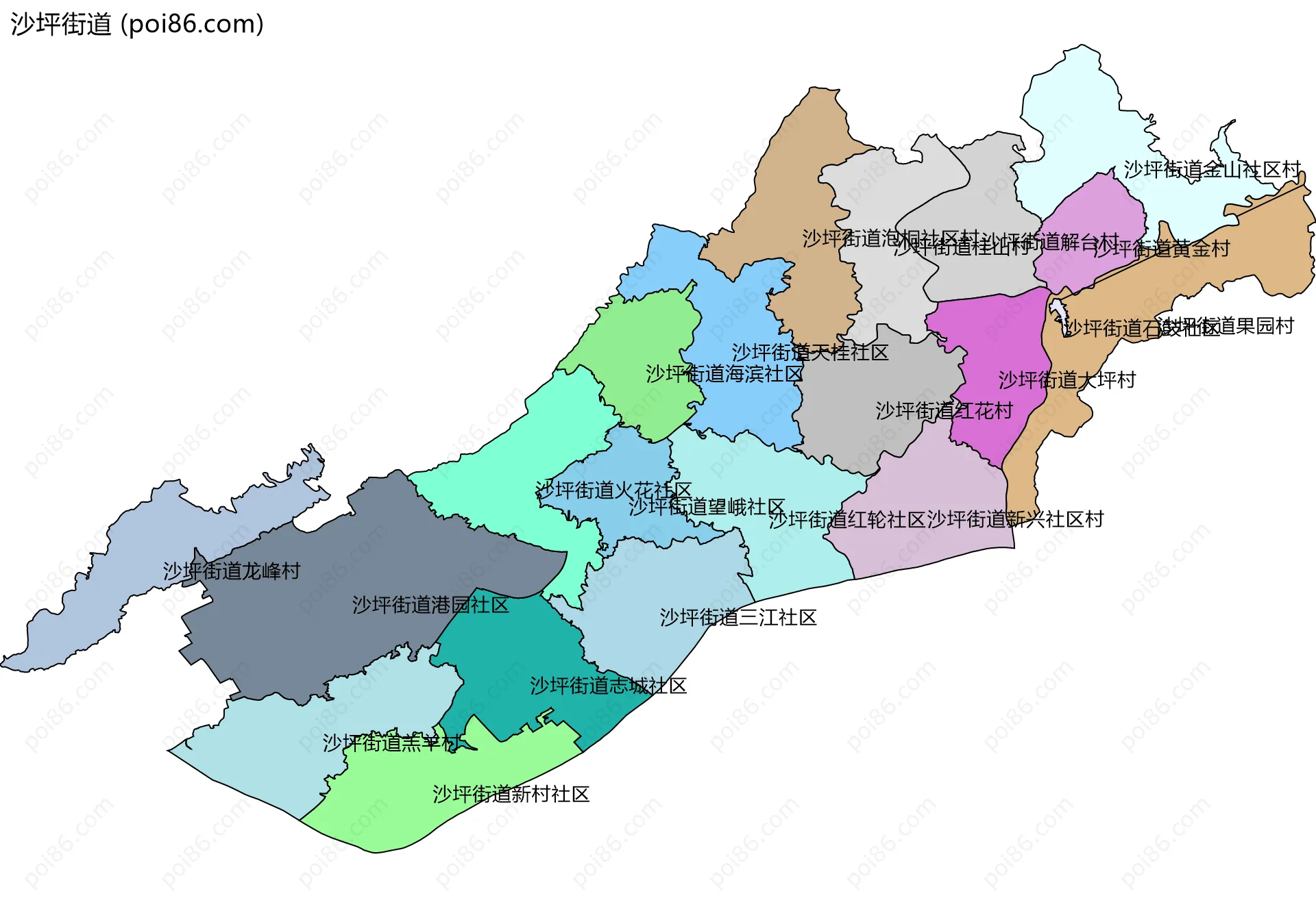 沙坪街道边界地图(五级行政区划)