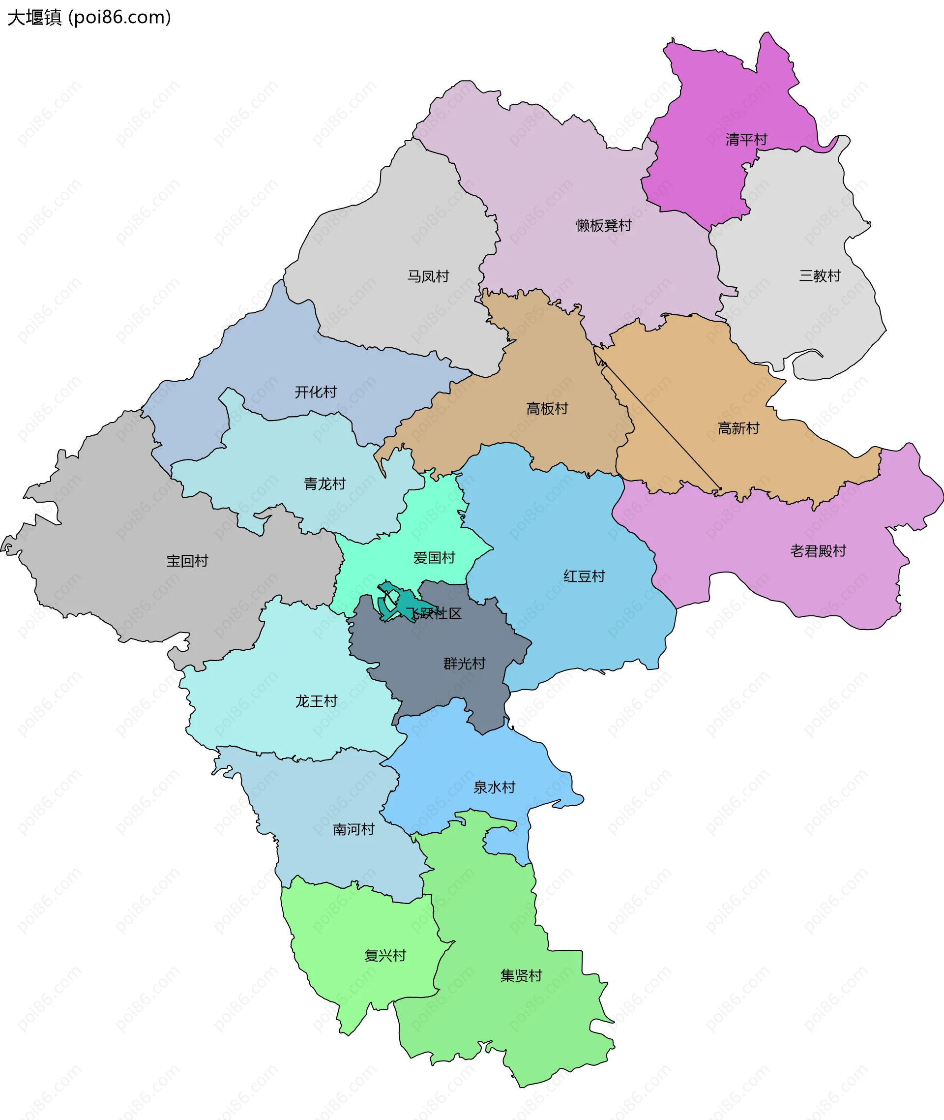 大堰镇边界地图(五级行政区划)