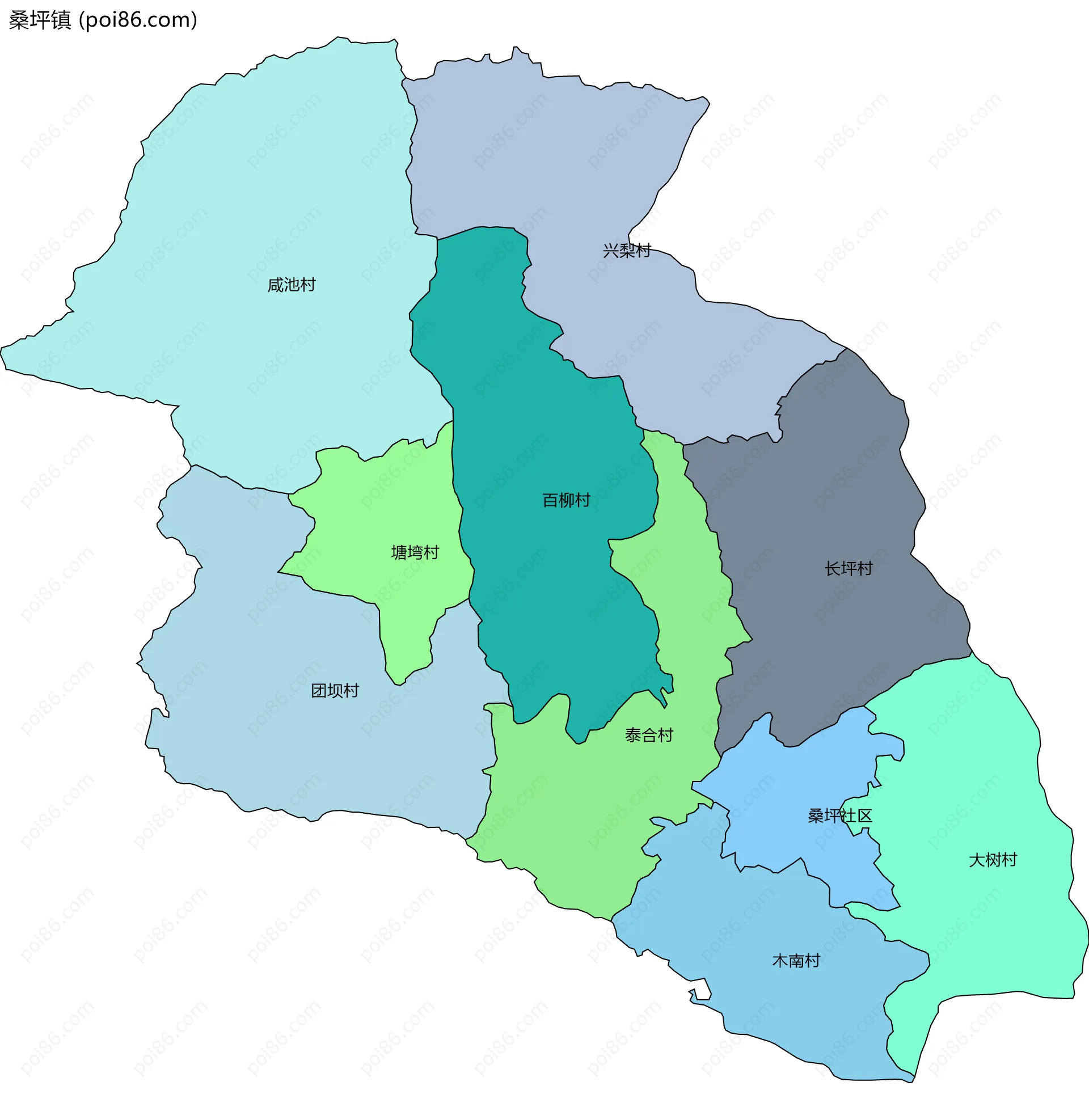 桑坪镇边界地图(五级行政区划)