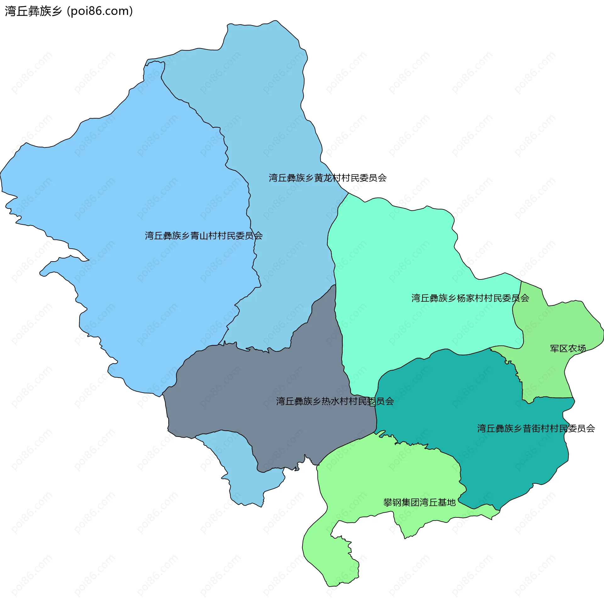 湾丘彝族乡边界地图(五级行政区划)