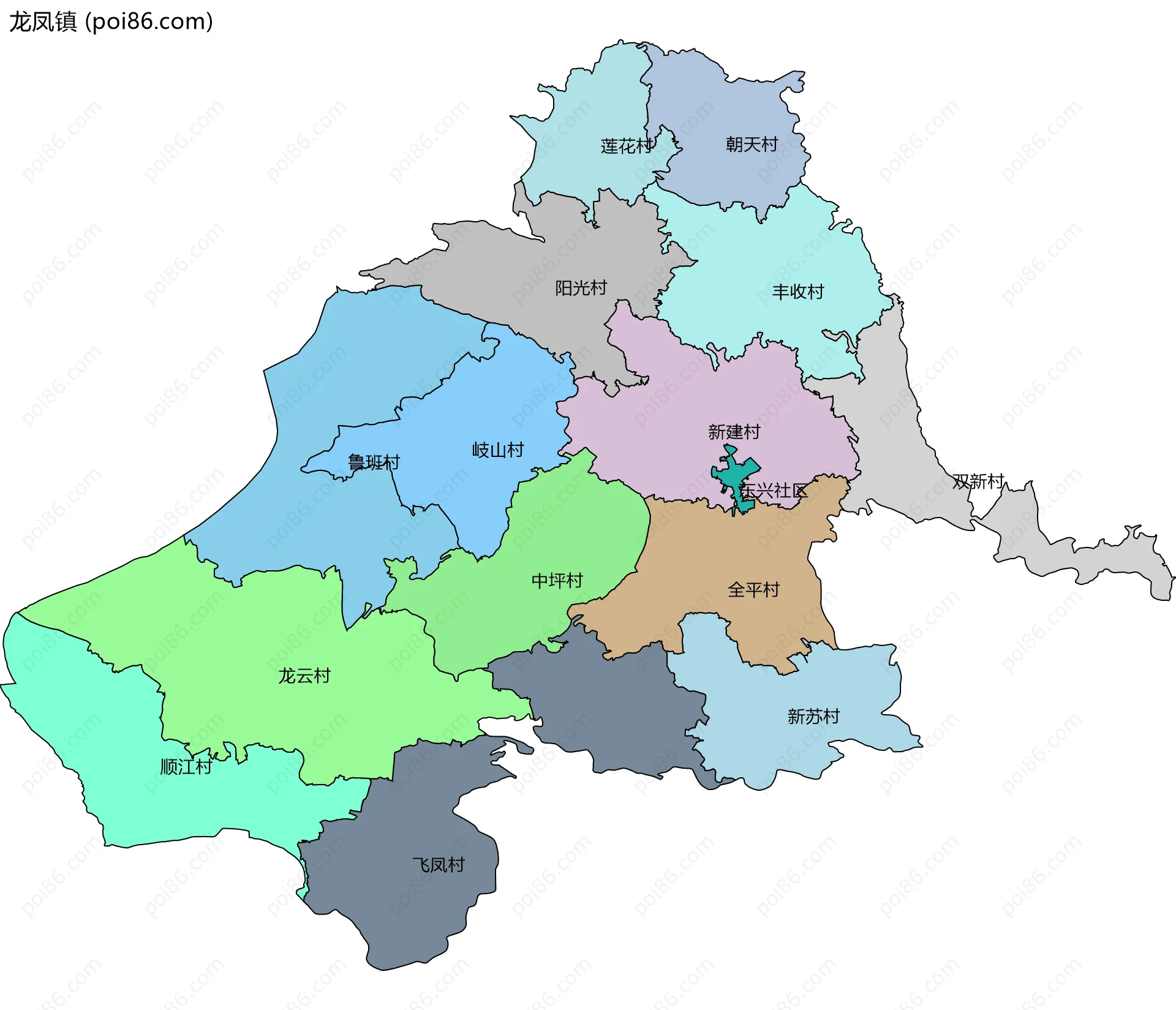 龙凤镇边界地图(五级行政区划)