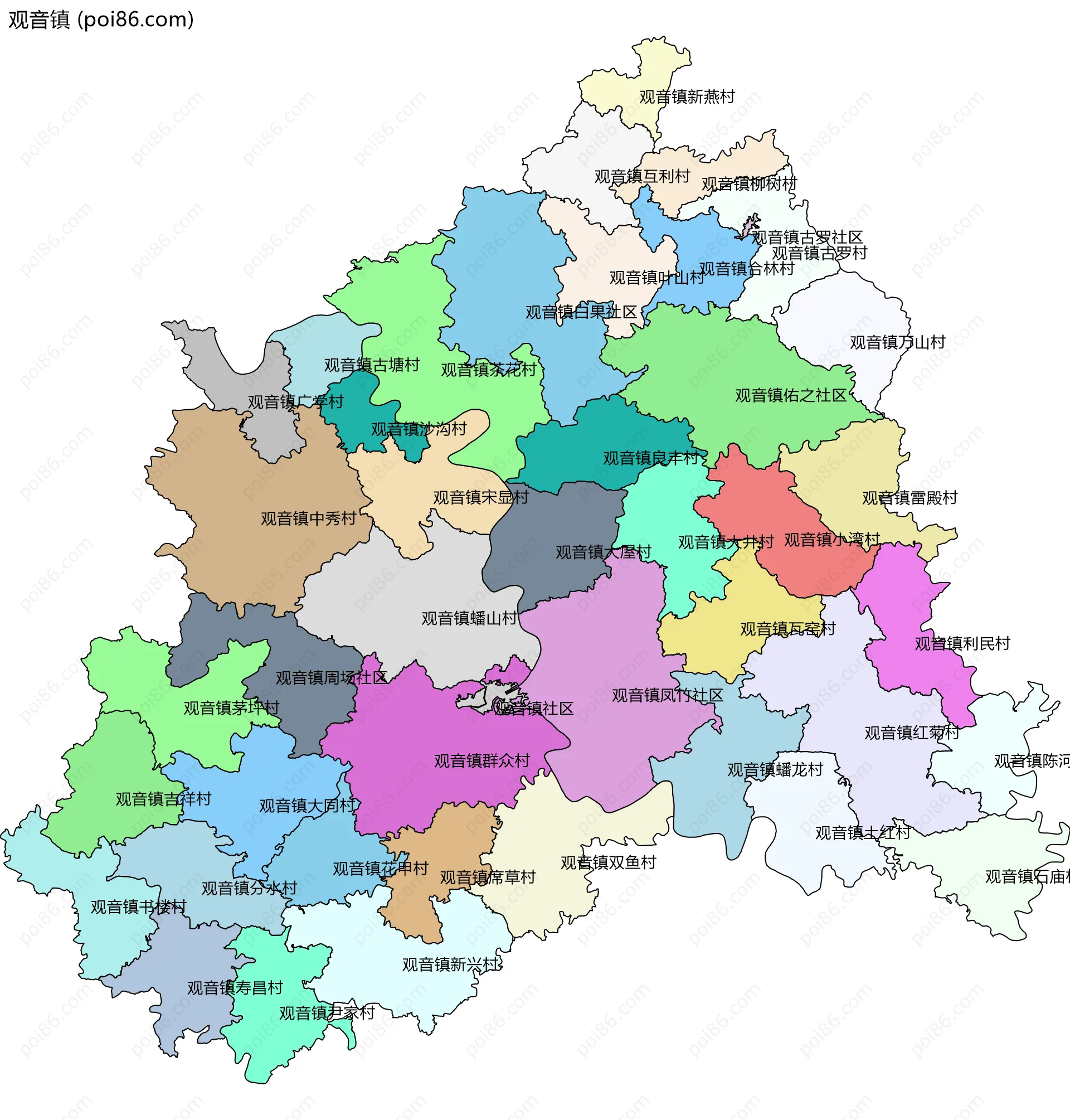 观音镇边界地图(五级行政区划)