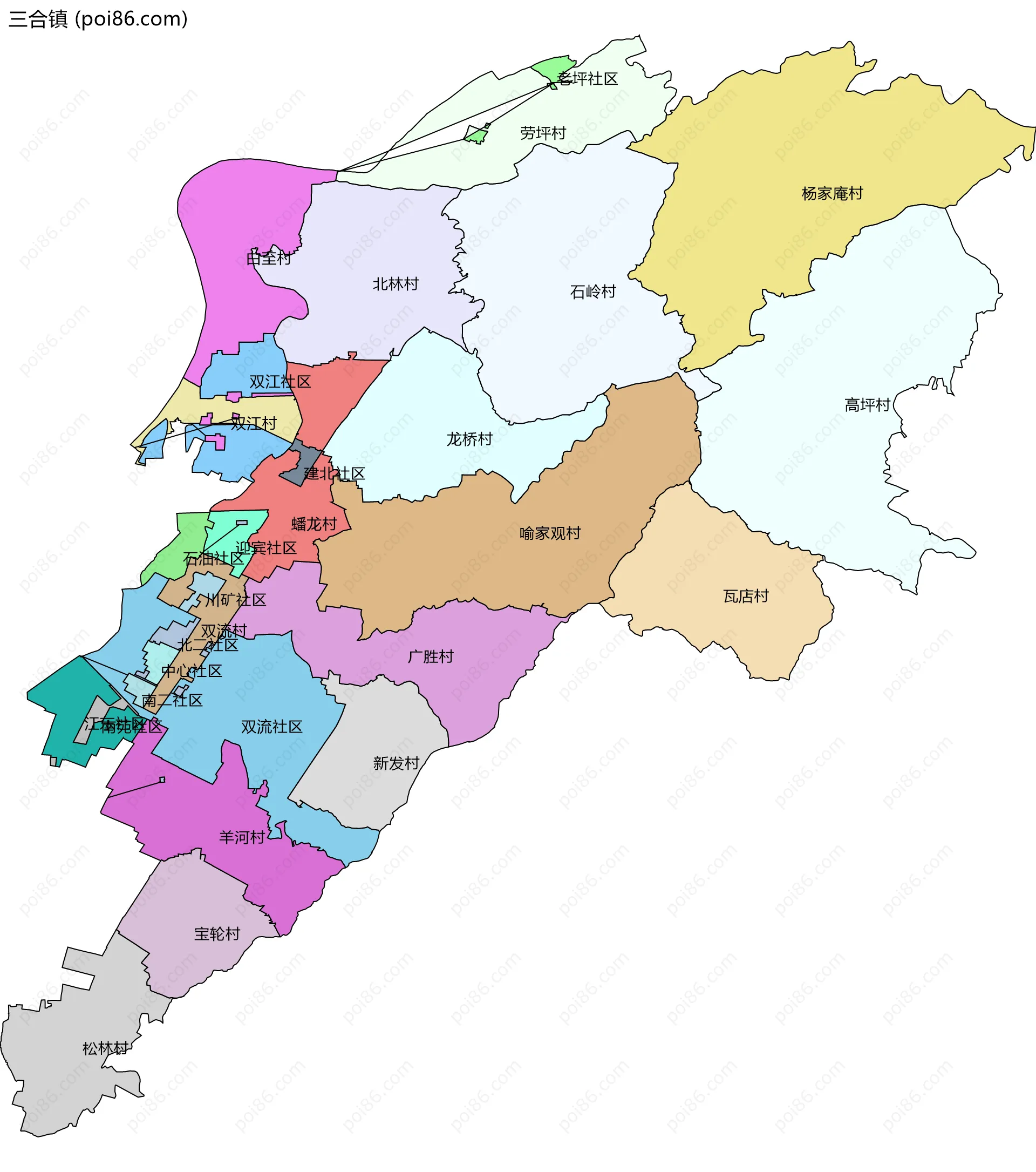 三合镇边界地图(五级行政区划)