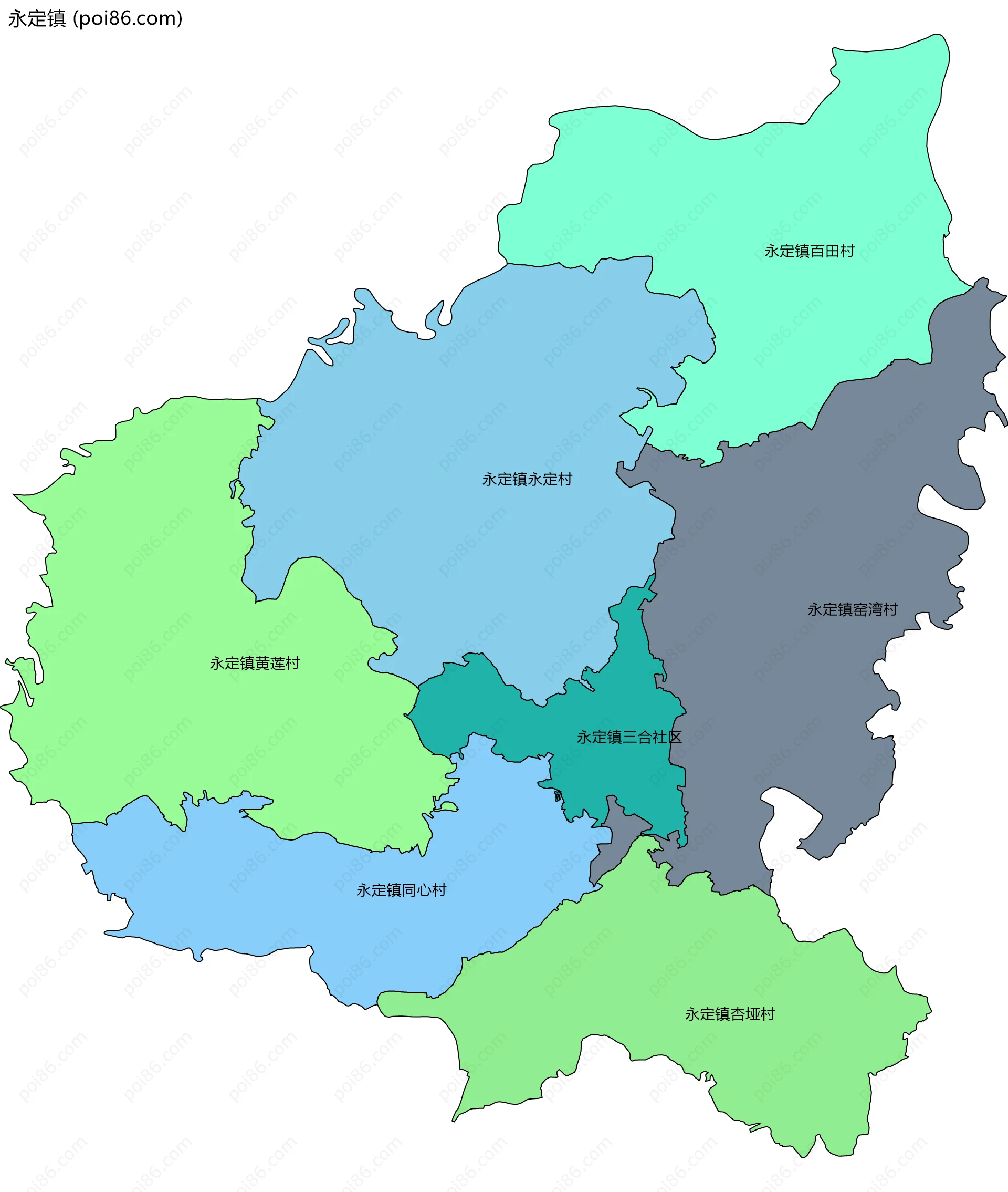 永定镇边界地图(五级行政区划)