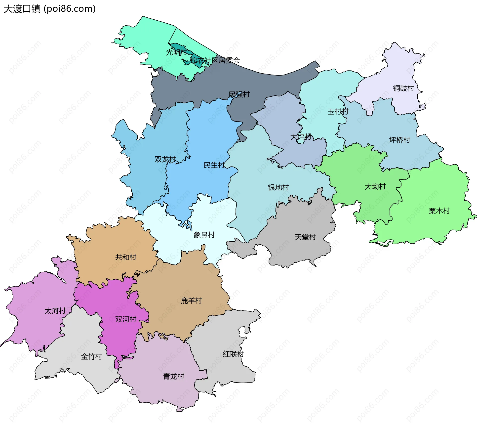 大渡口镇边界地图(五级行政区划)