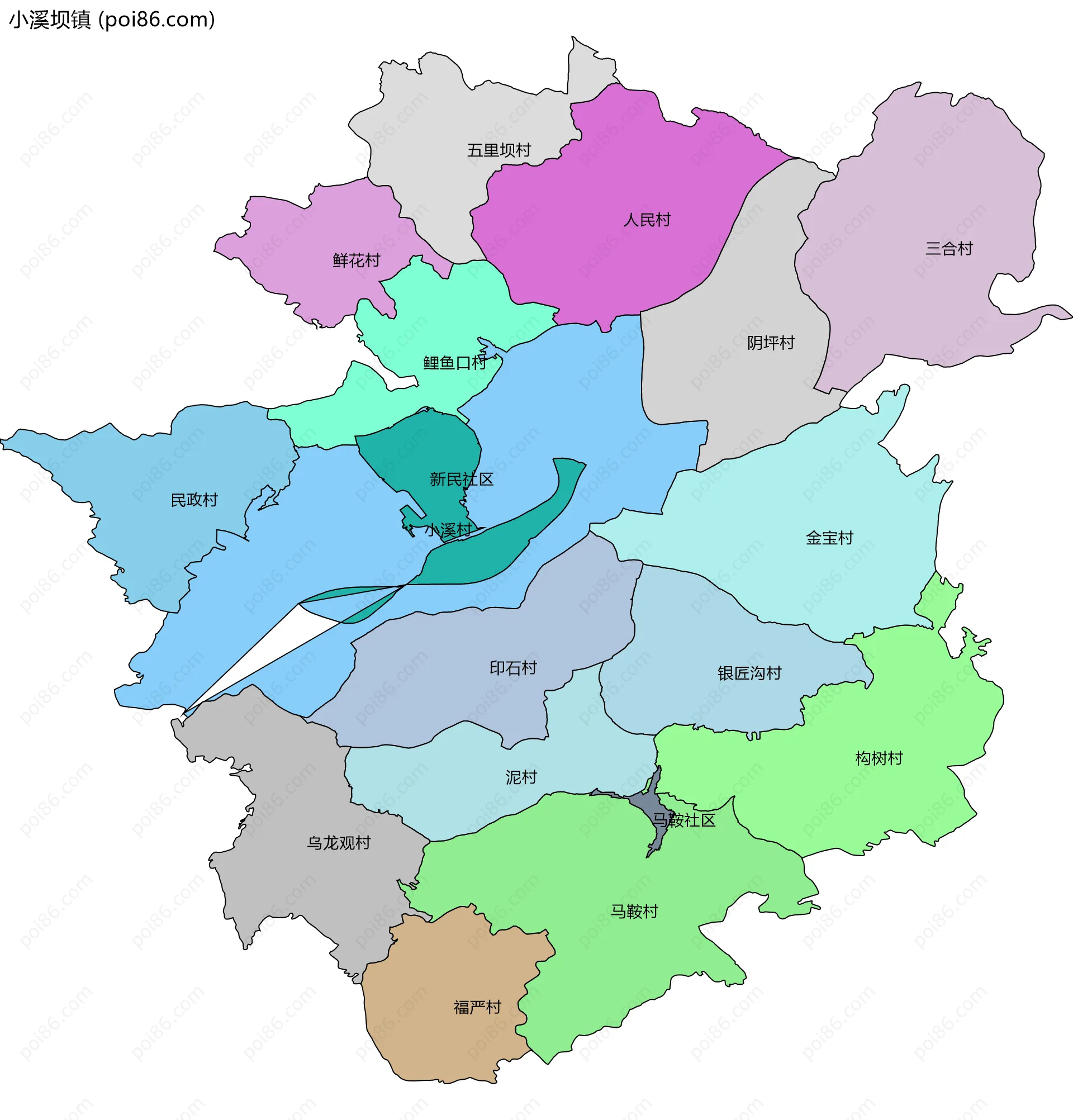 小溪坝镇边界地图(五级行政区划)