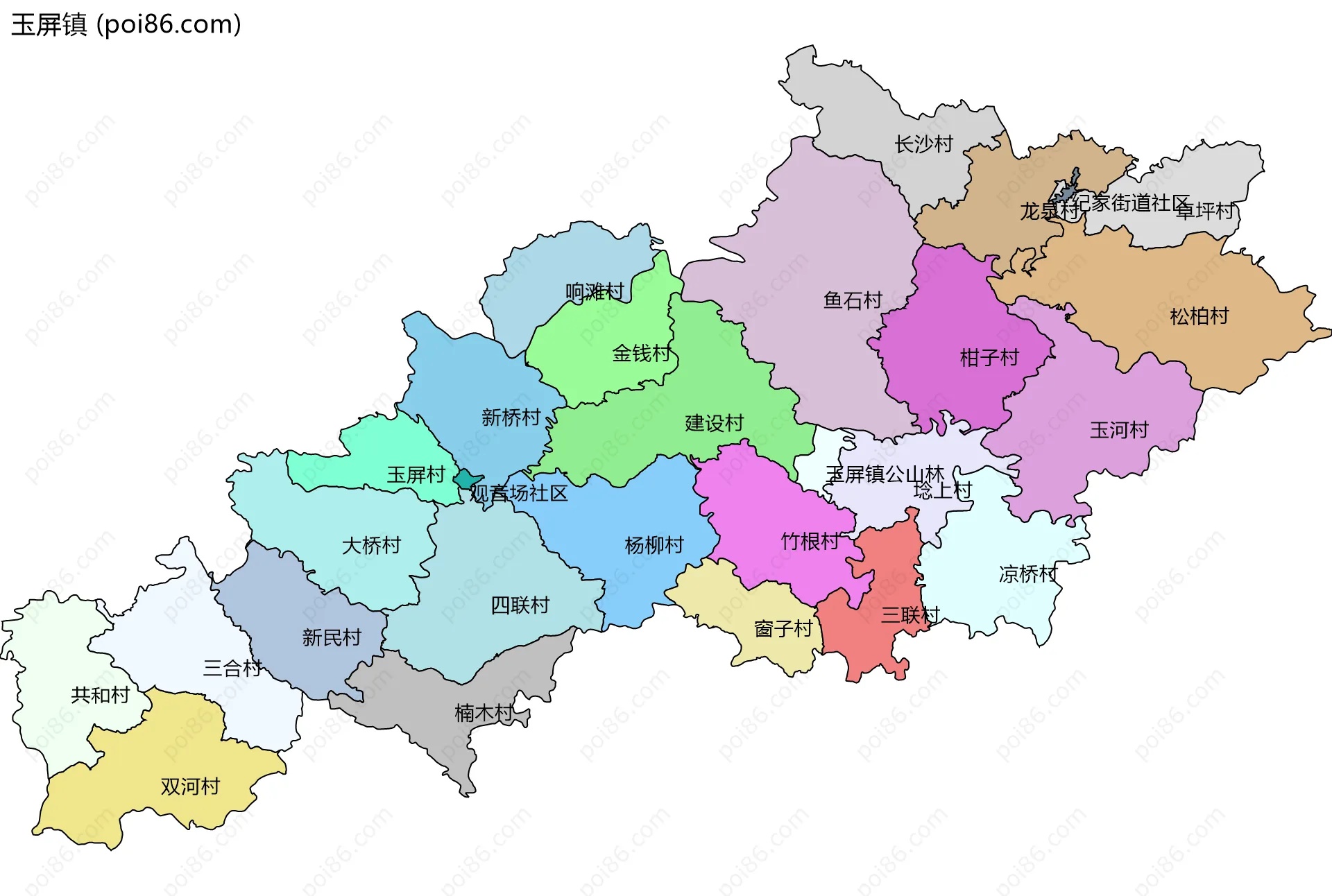 玉屏镇边界地图(五级行政区划)