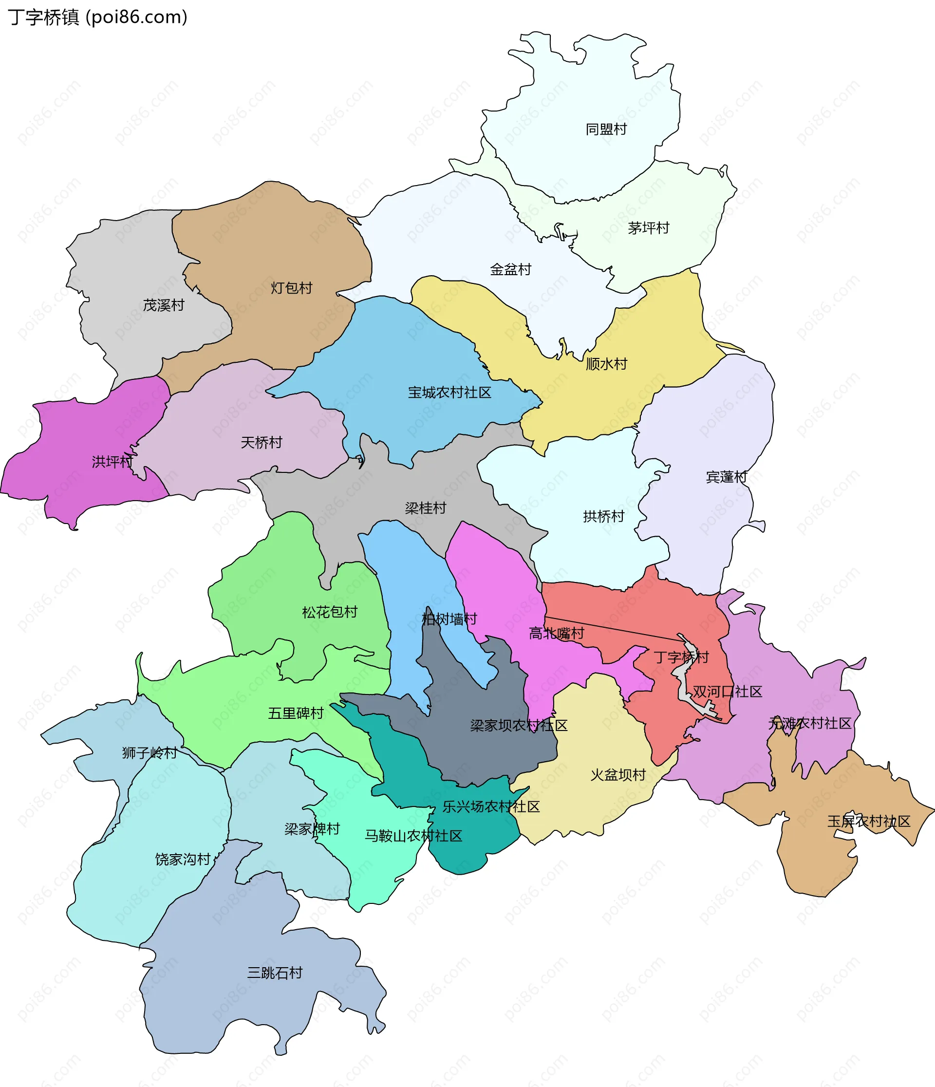 丁字桥镇边界地图(五级行政区划)