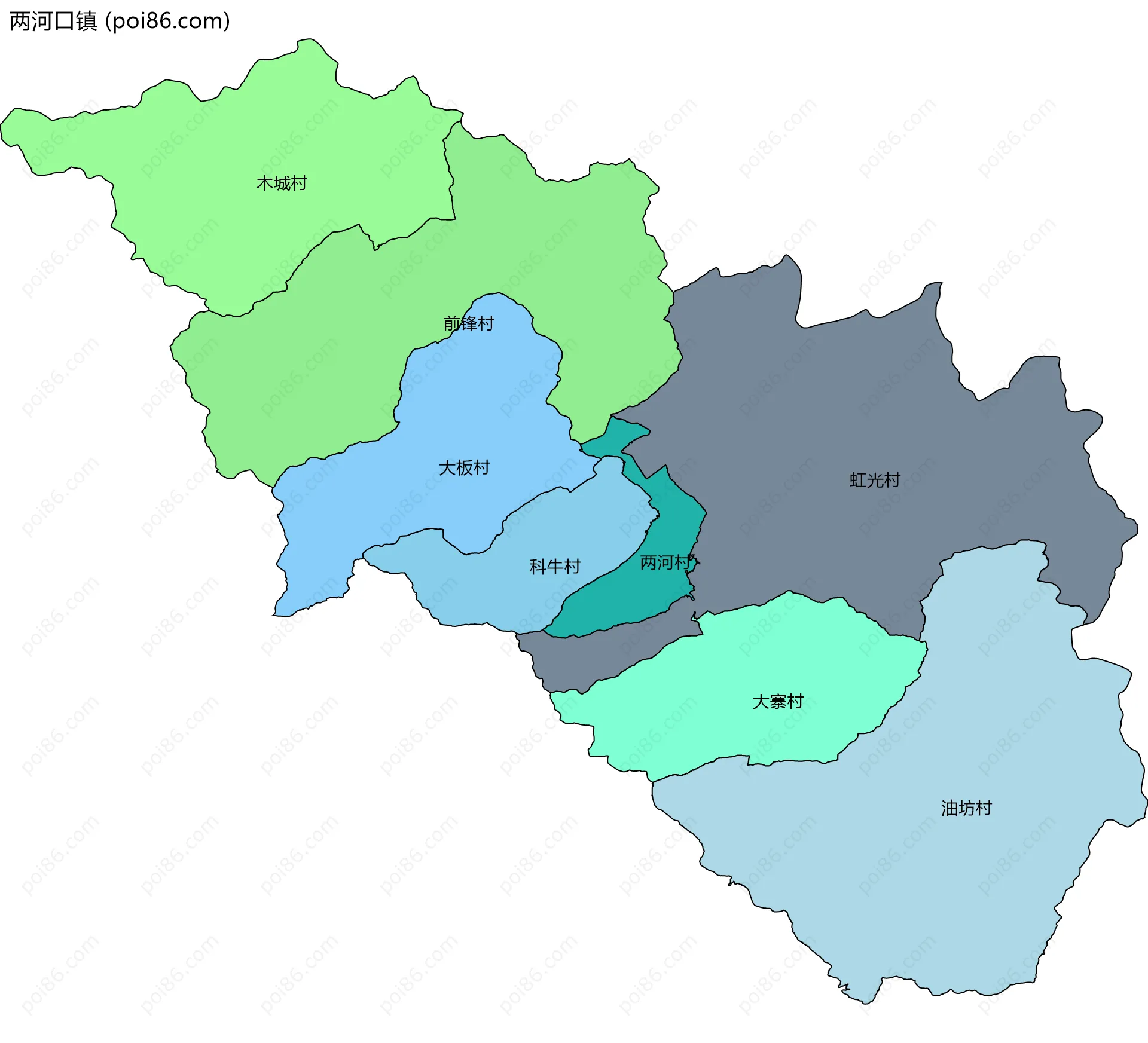 两河口镇边界地图(五级行政区划)