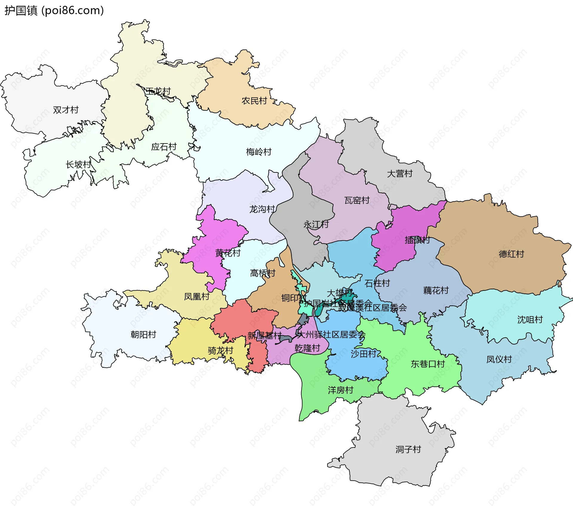 护国镇边界地图(五级行政区划)