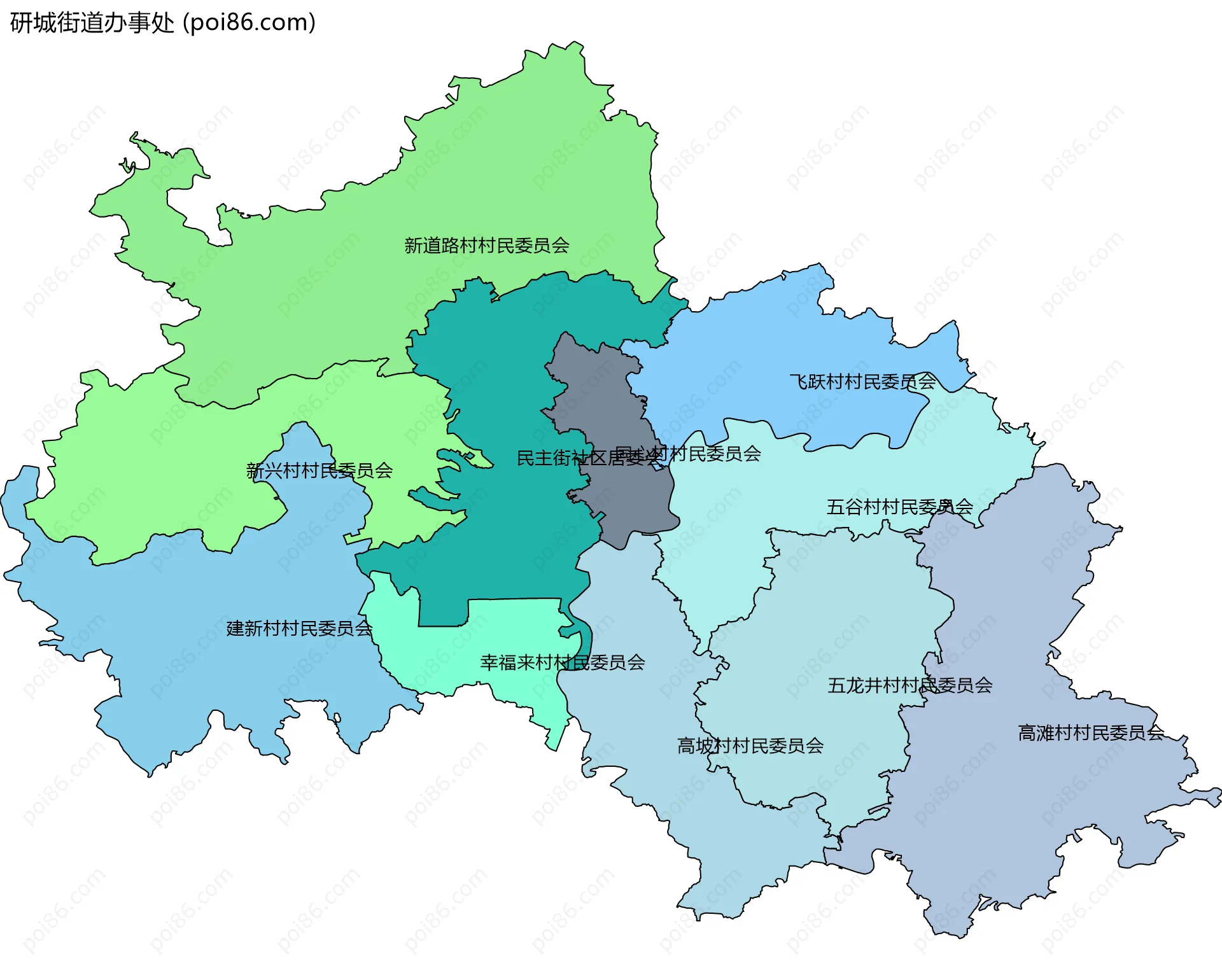 研城街道办事处边界地图(五级行政区划)