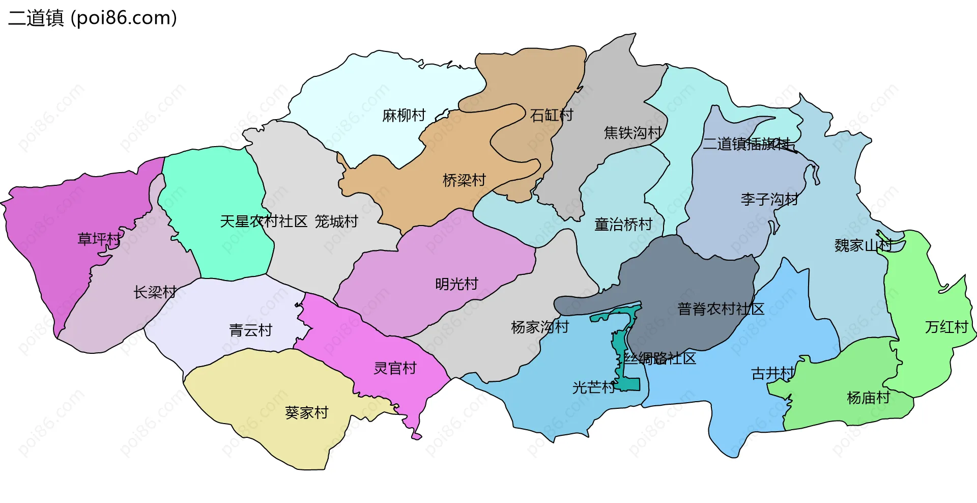 二道镇边界地图(五级行政区划)