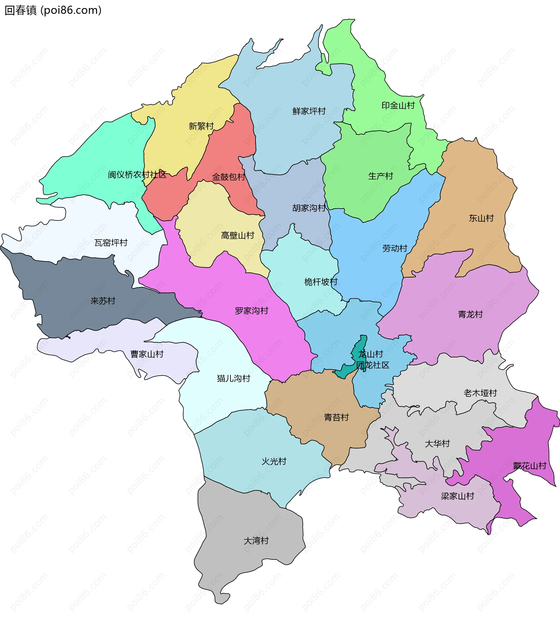 回春镇边界地图(五级行政区划)