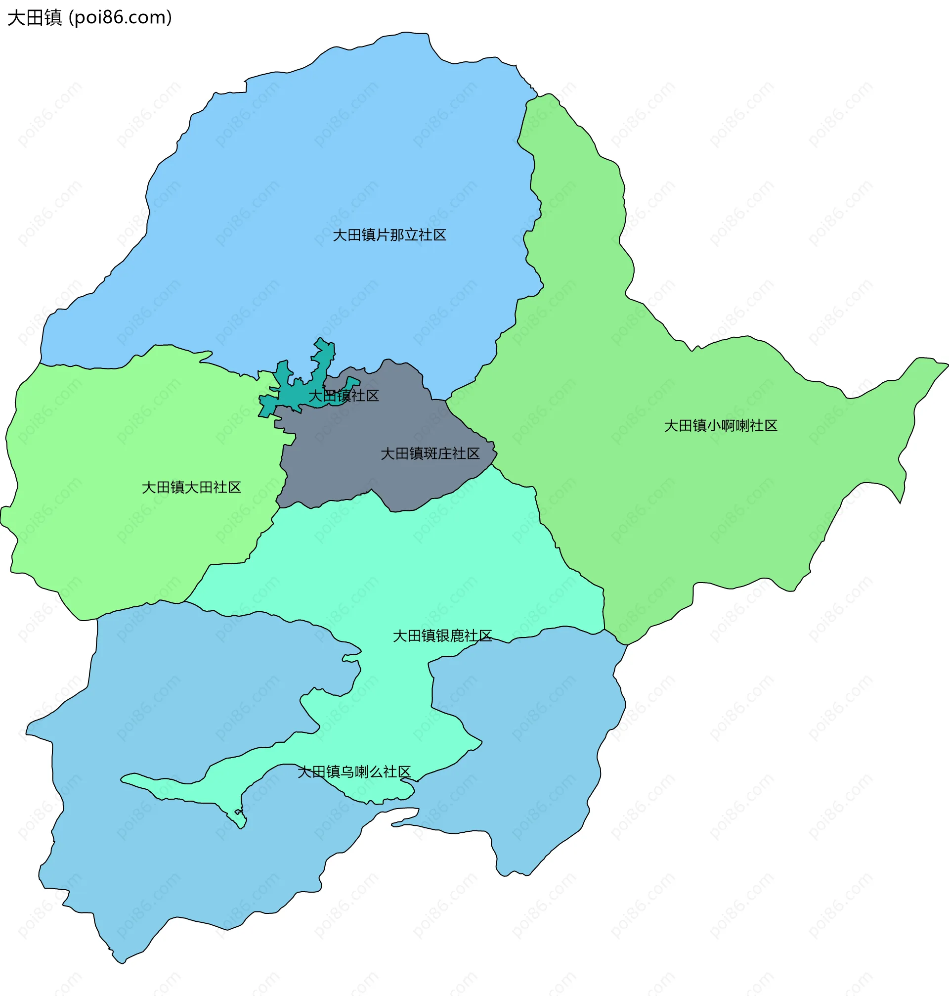 大田镇边界地图(五级行政区划)
