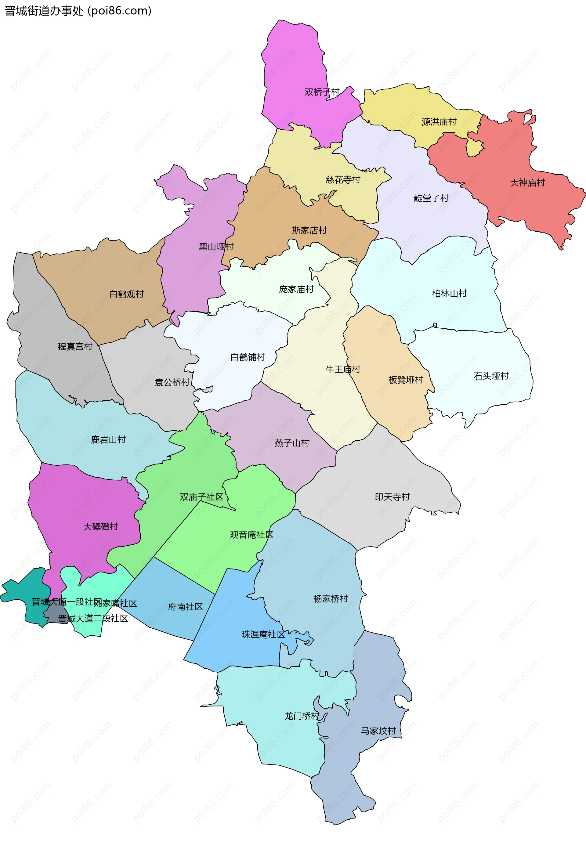 晋城街道办事处边界地图(五级行政区划)