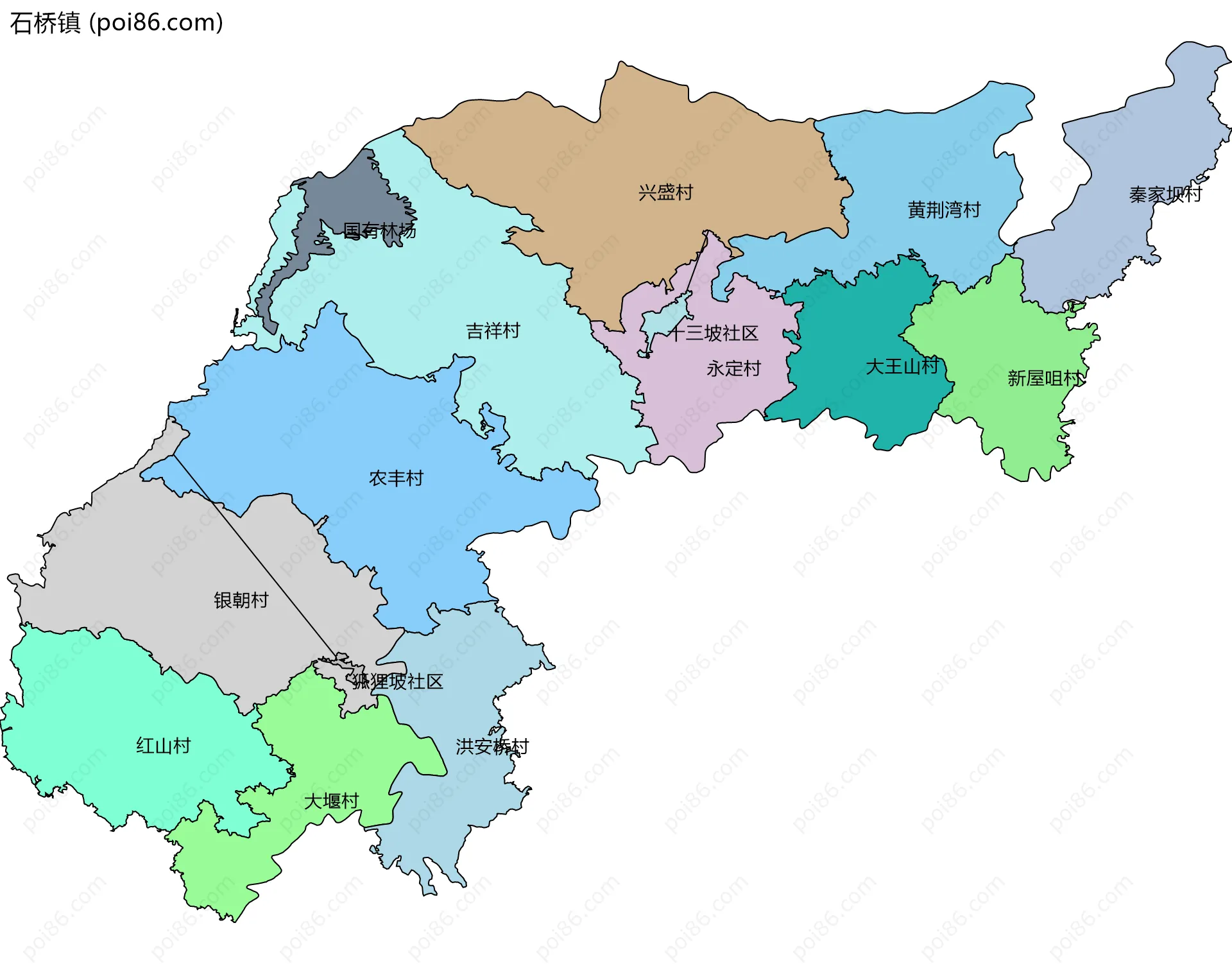 石桥镇边界地图(五级行政区划)
