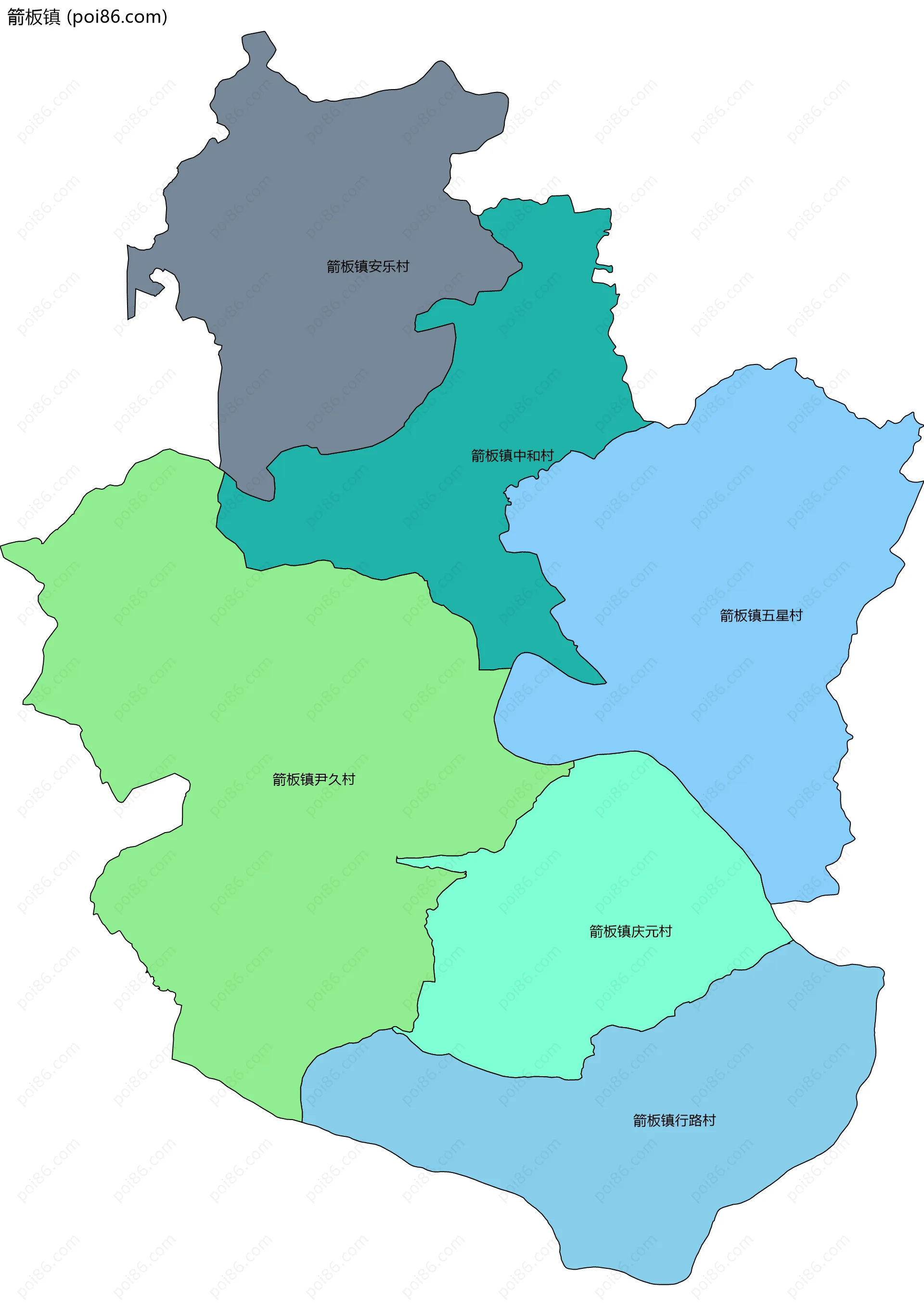 箭板镇边界地图(五级行政区划)