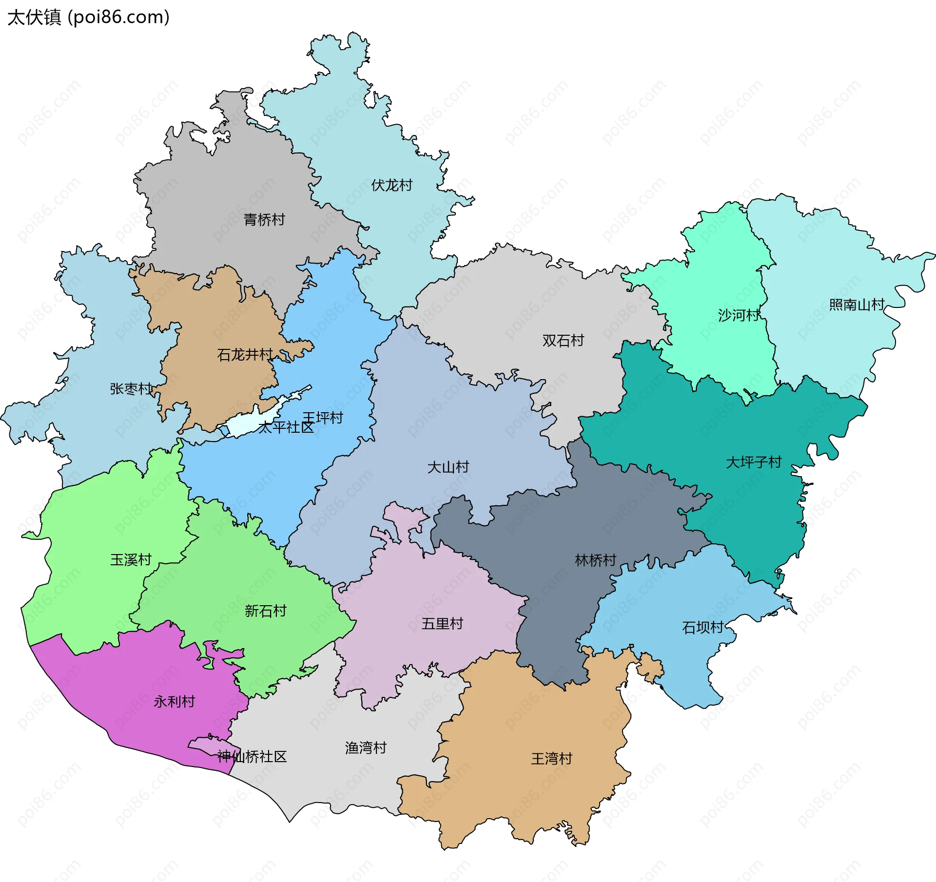 太伏镇边界地图(五级行政区划)