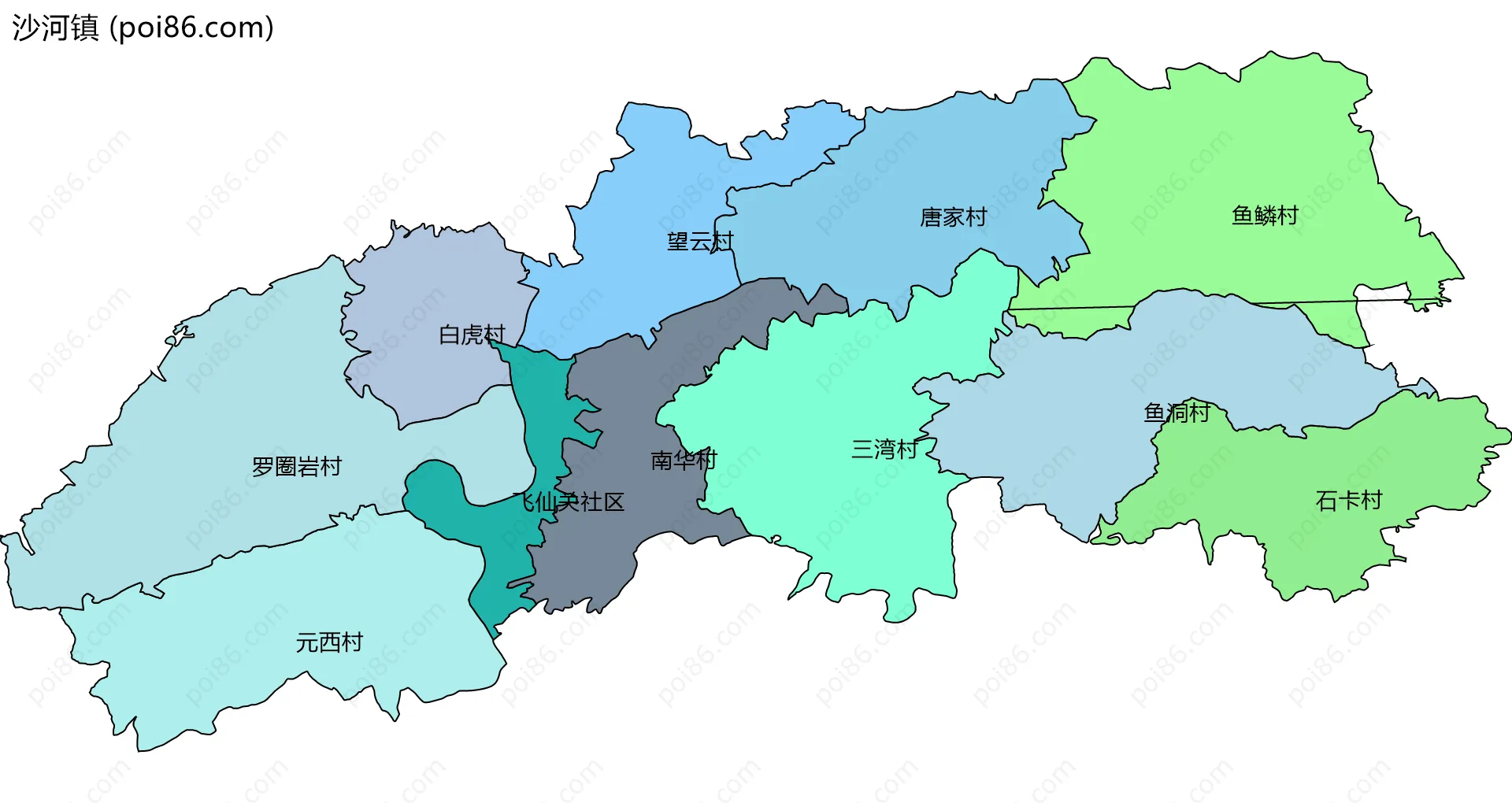 沙河镇边界地图(五级行政区划)