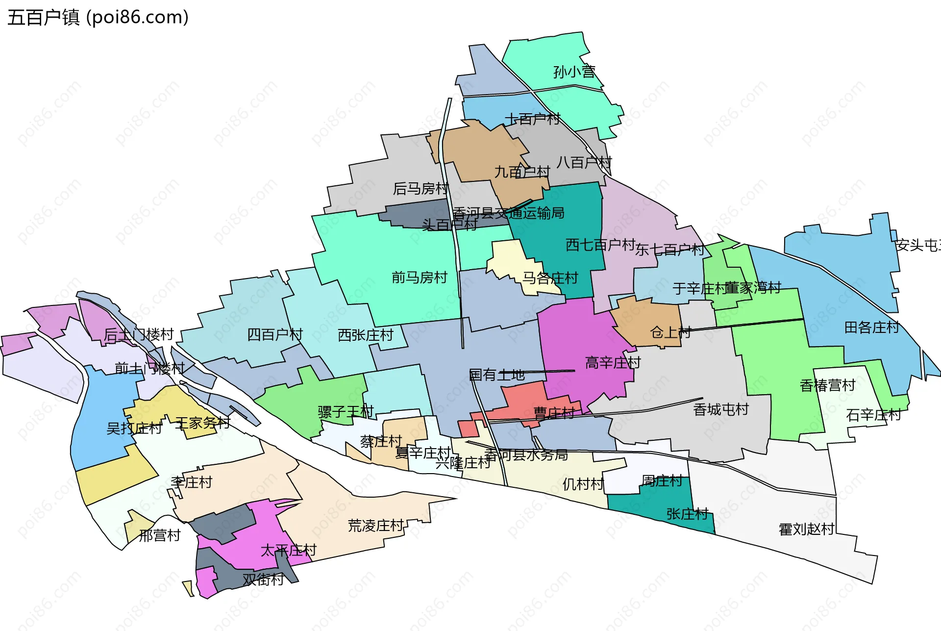五百户镇边界地图(五级行政区划)