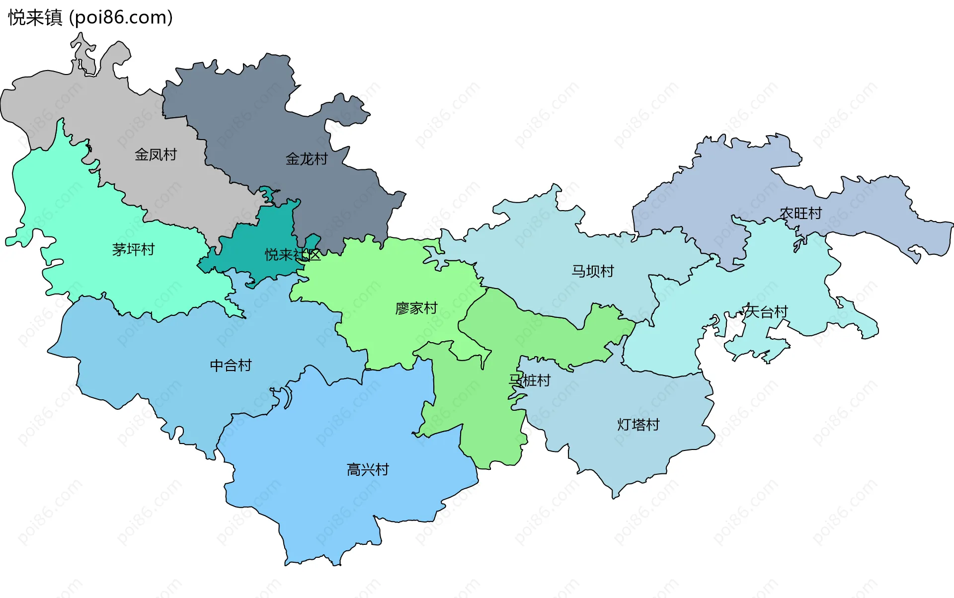 悦来镇边界地图(五级行政区划)