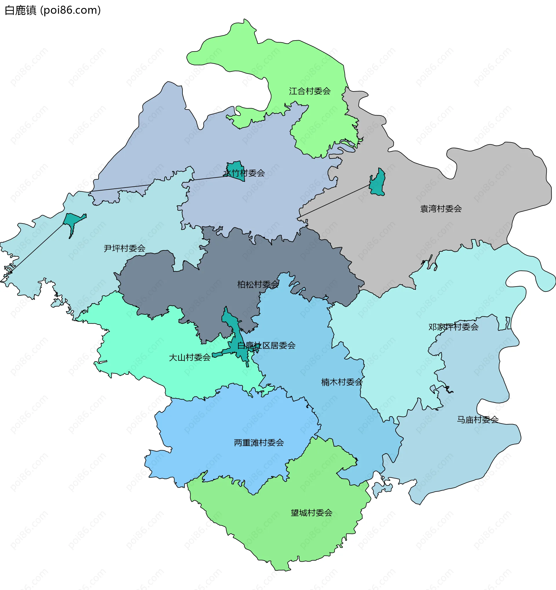 白鹿镇边界地图(五级行政区划)