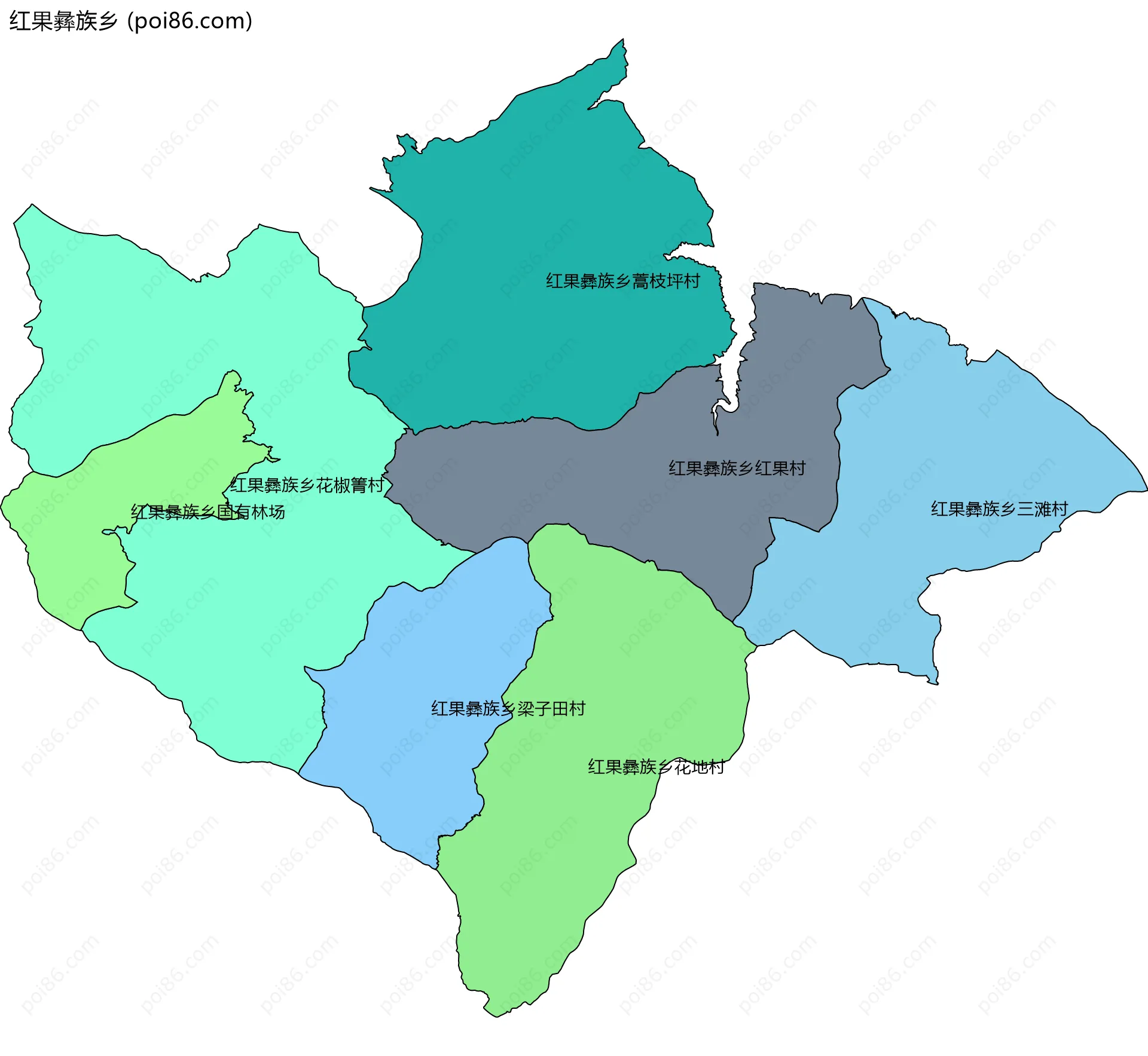 红果彝族乡边界地图(五级行政区划)
