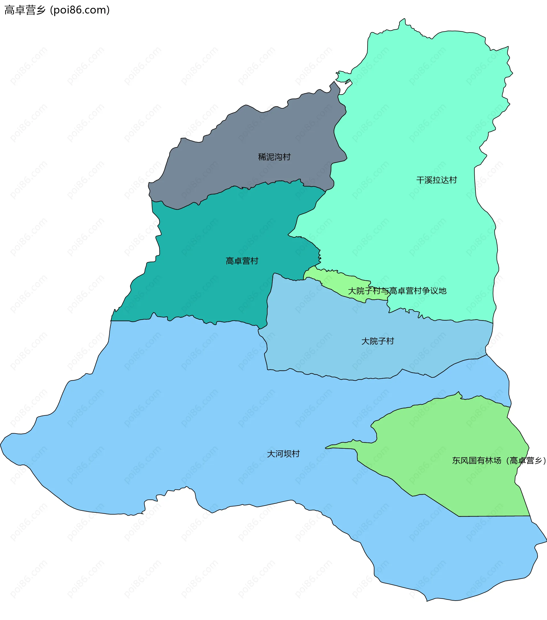 高卓营乡边界地图(五级行政区划)