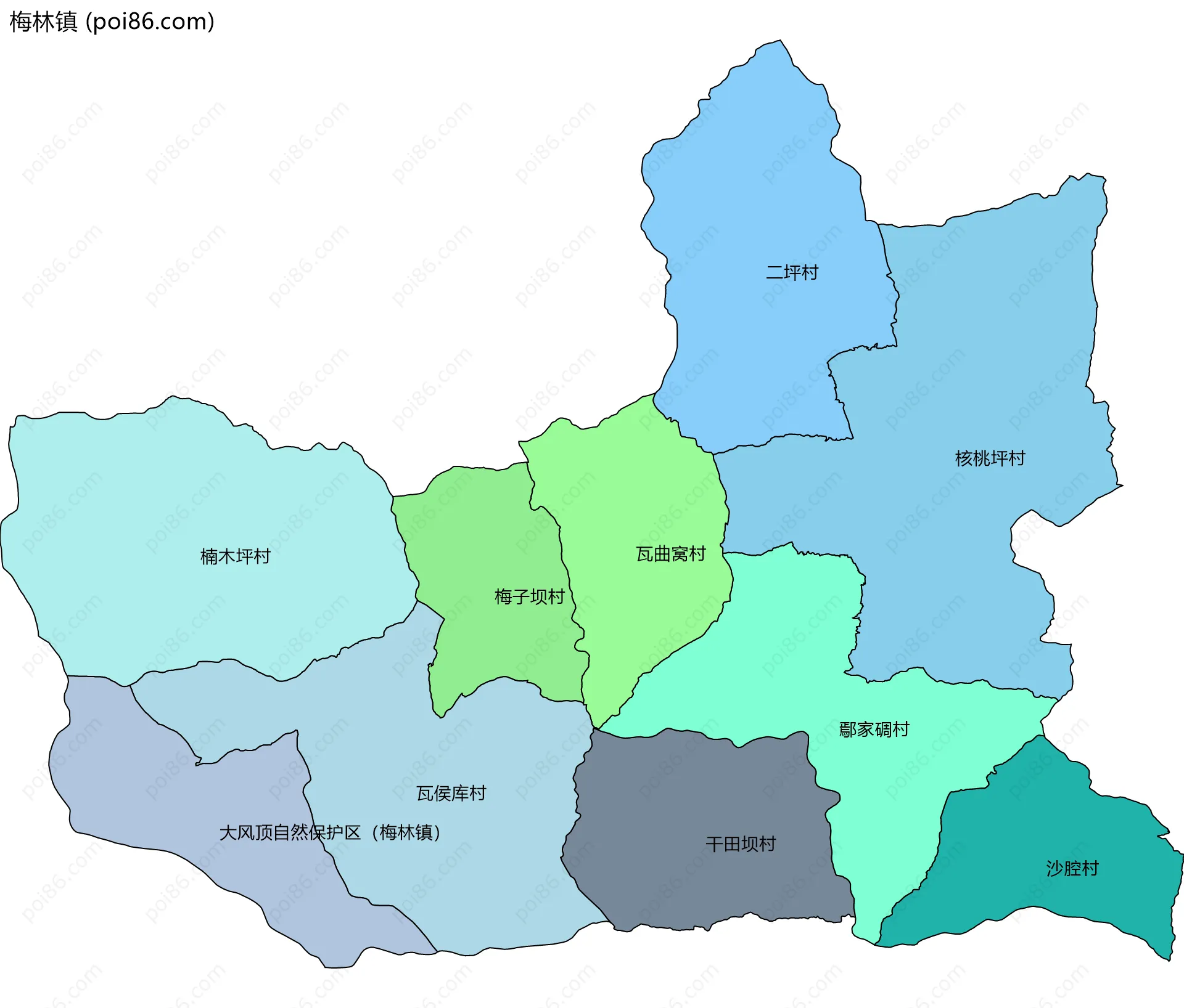 梅林镇边界地图(五级行政区划)