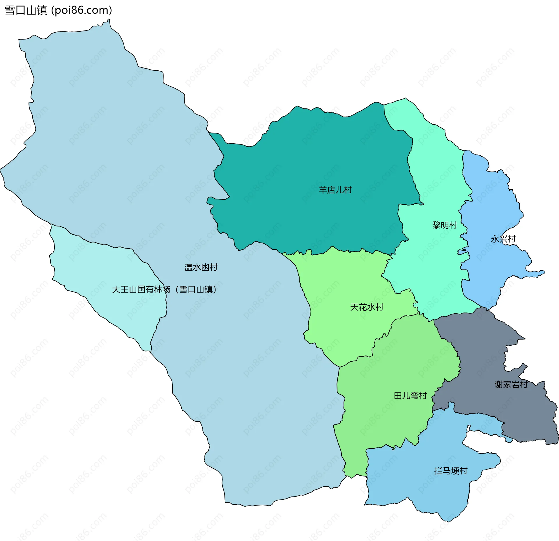 雪口山镇边界地图(五级行政区划)