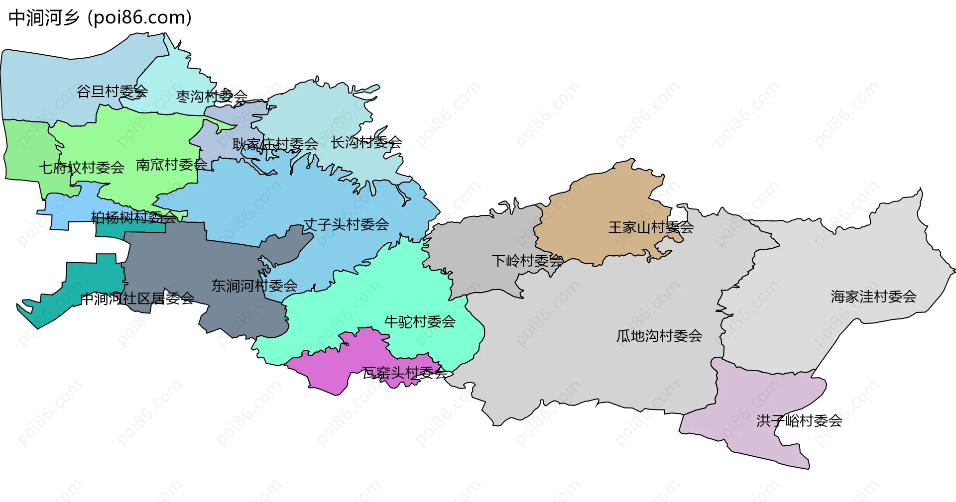 中涧河乡边界地图(五级行政区划)