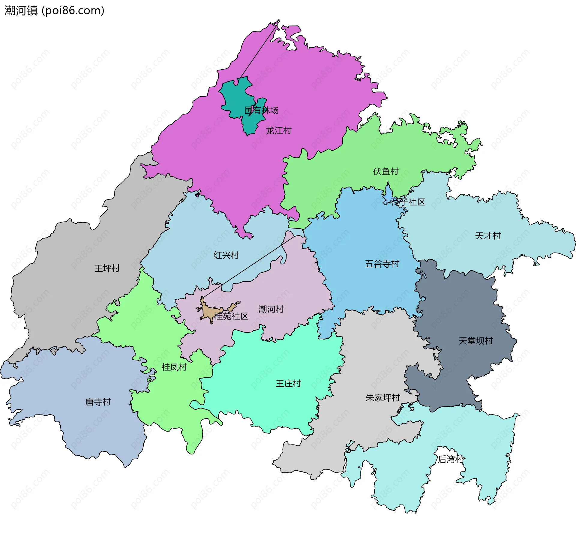 潮河镇边界地图(五级行政区划)
