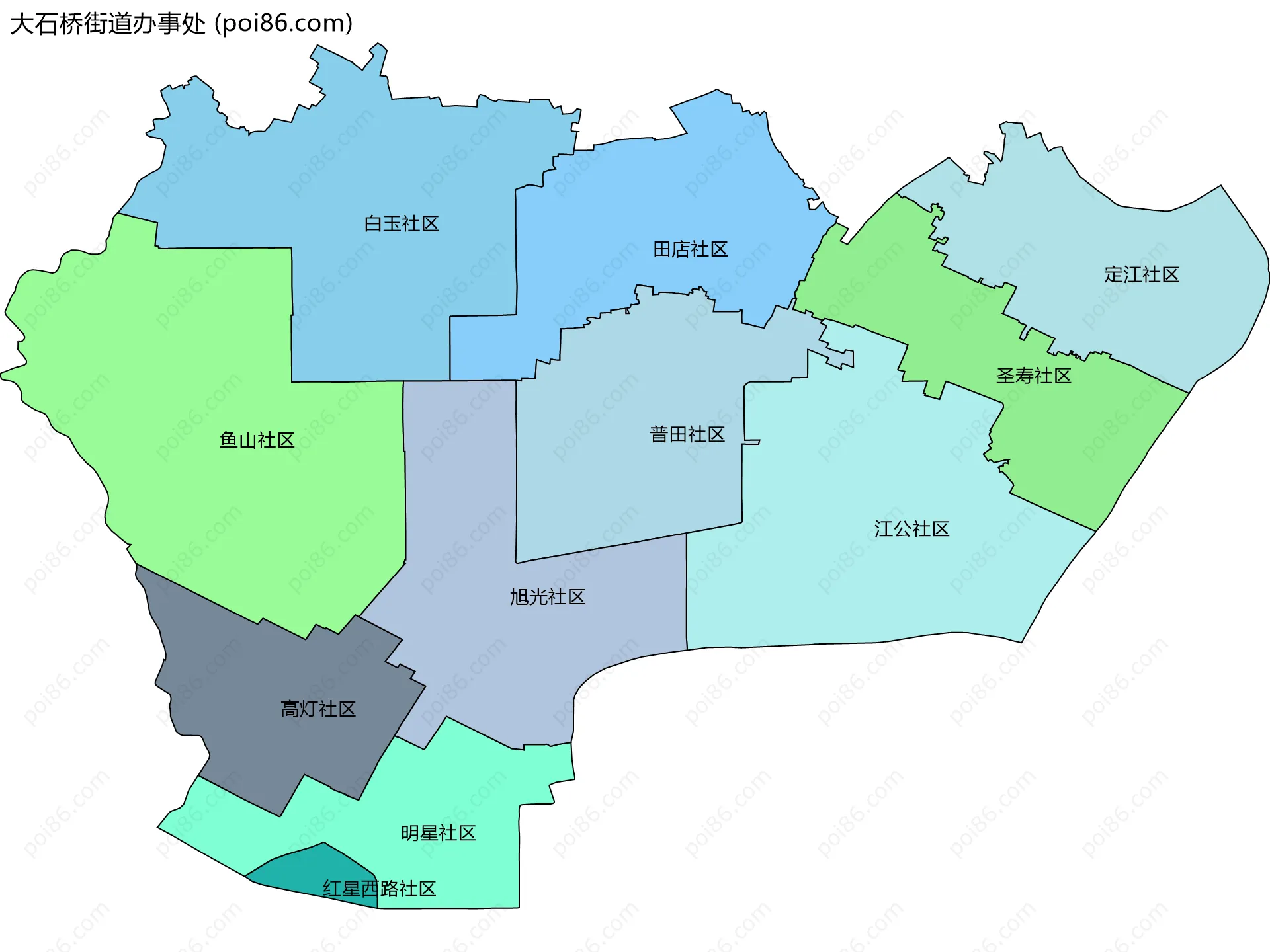 大石桥街道办事处边界地图(五级行政区划)