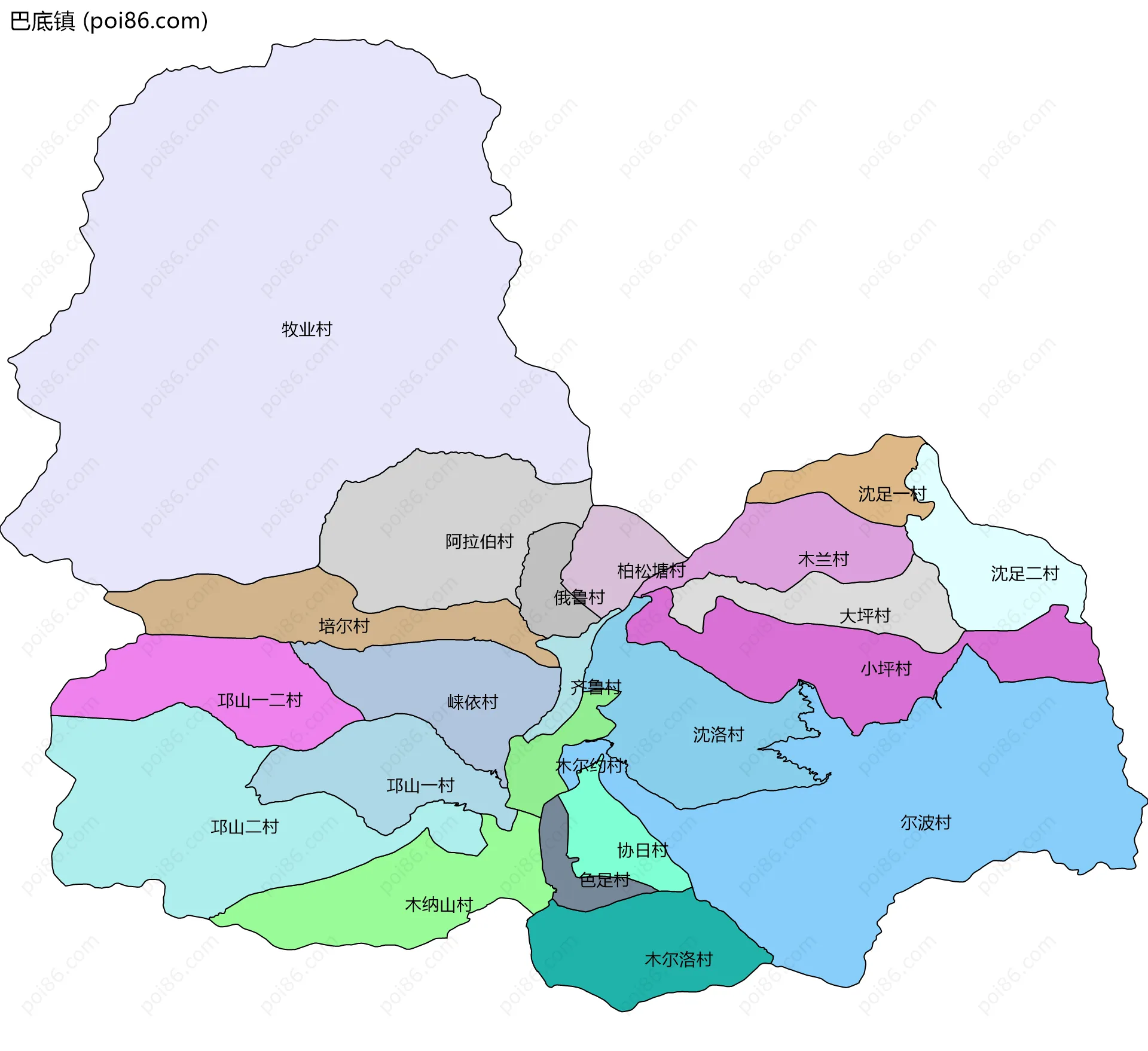 巴底镇边界地图(五级行政区划)