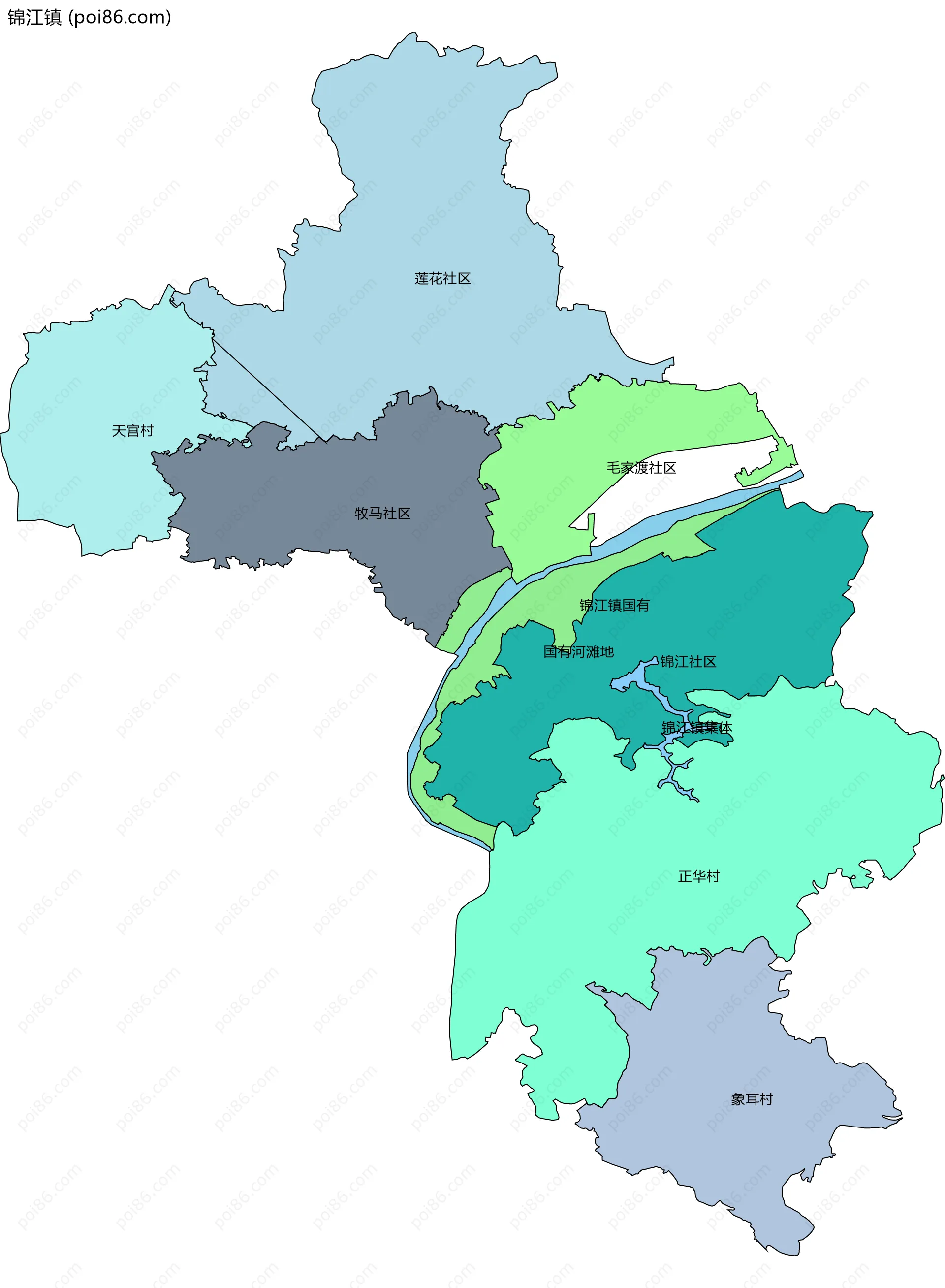 锦江镇边界地图(五级行政区划)