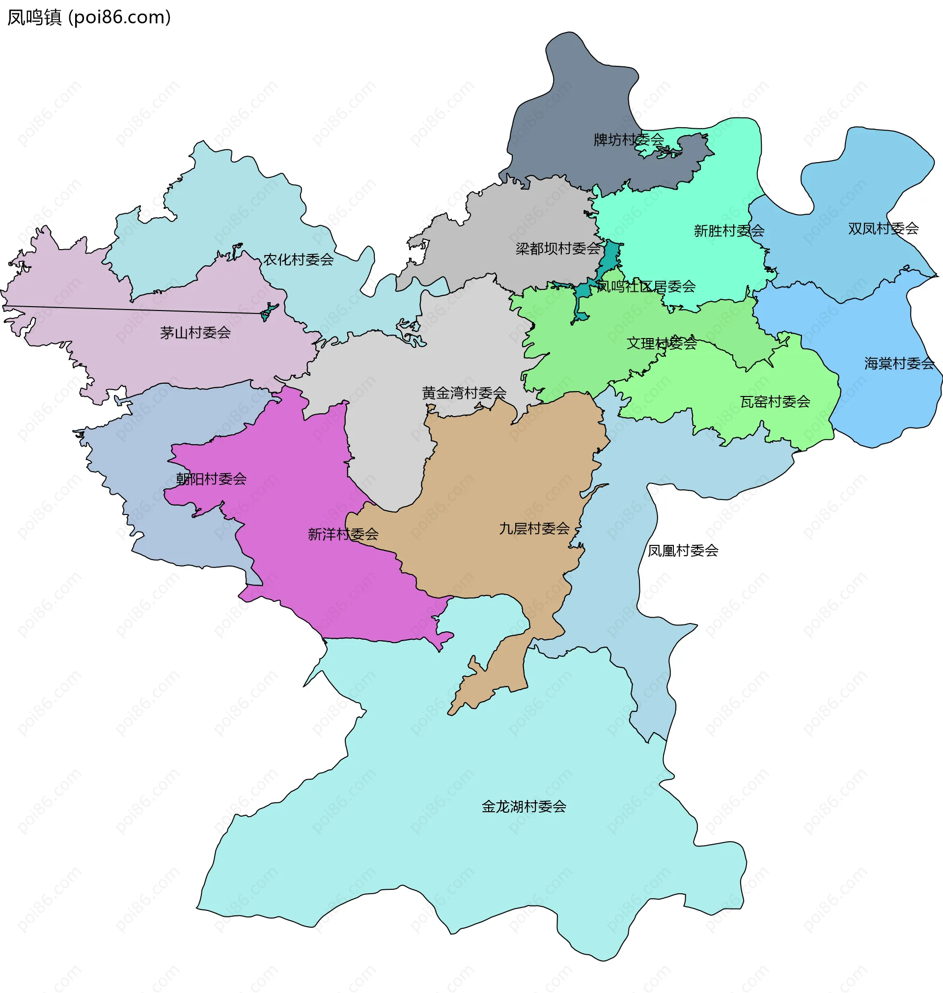 凤鸣镇边界地图(五级行政区划)