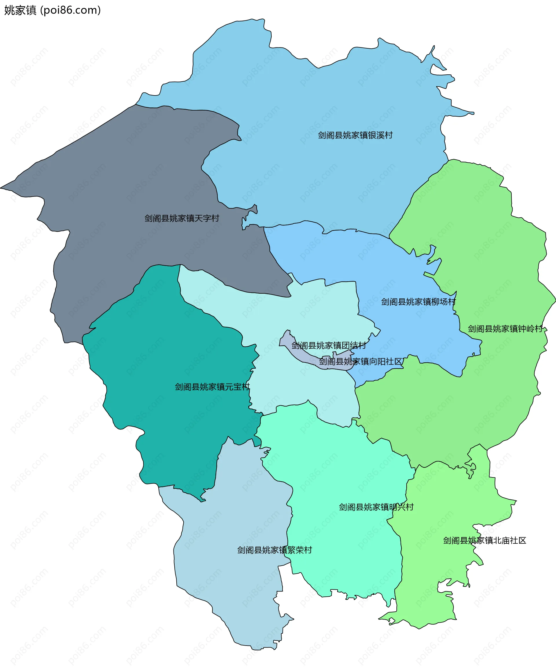 姚家镇边界地图(五级行政区划)