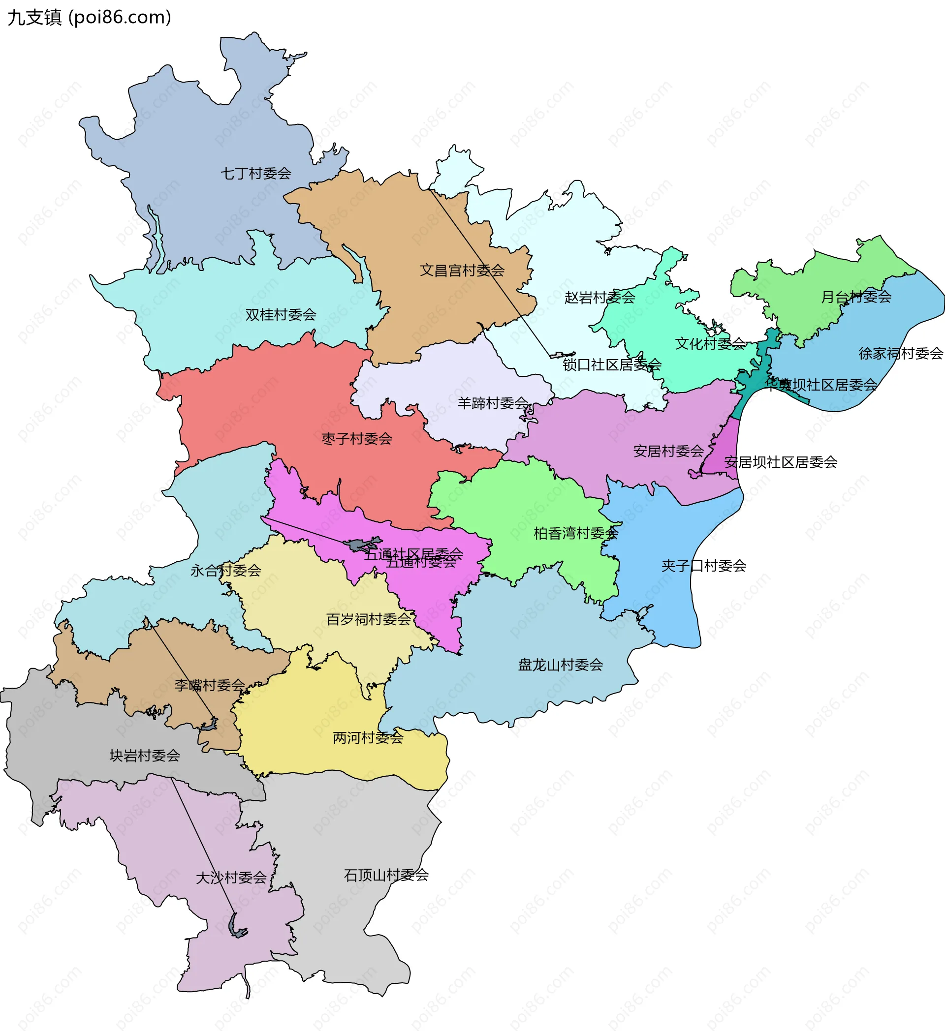 九支镇边界地图(五级行政区划)