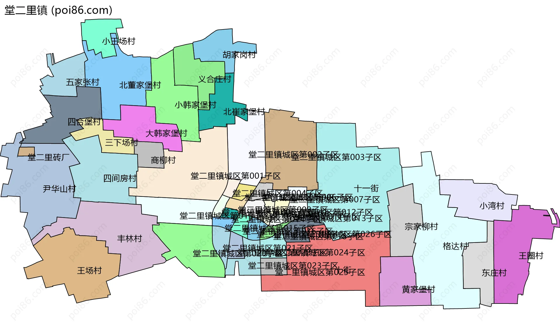 堂二里镇边界地图(五级行政区划)