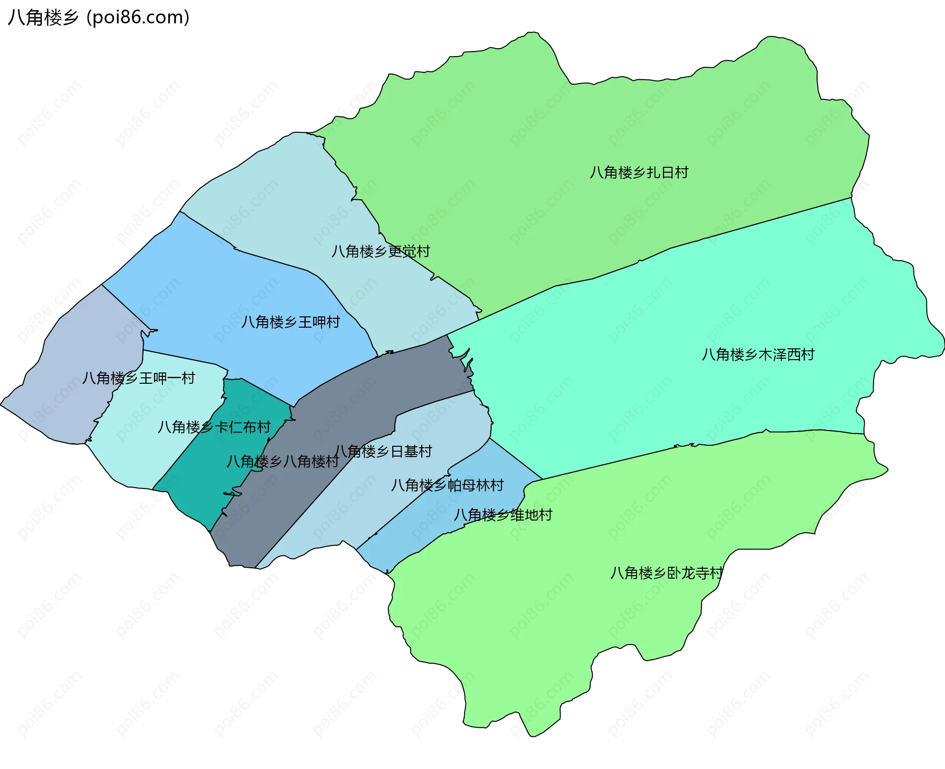 八角楼乡边界地图(五级行政区划)