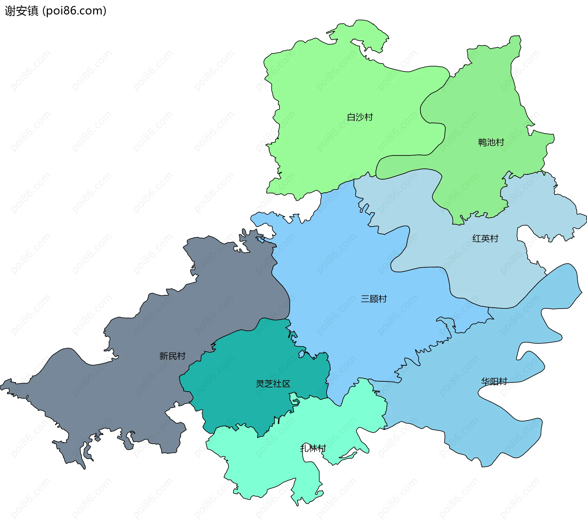 谢安镇边界地图(五级行政区划)
