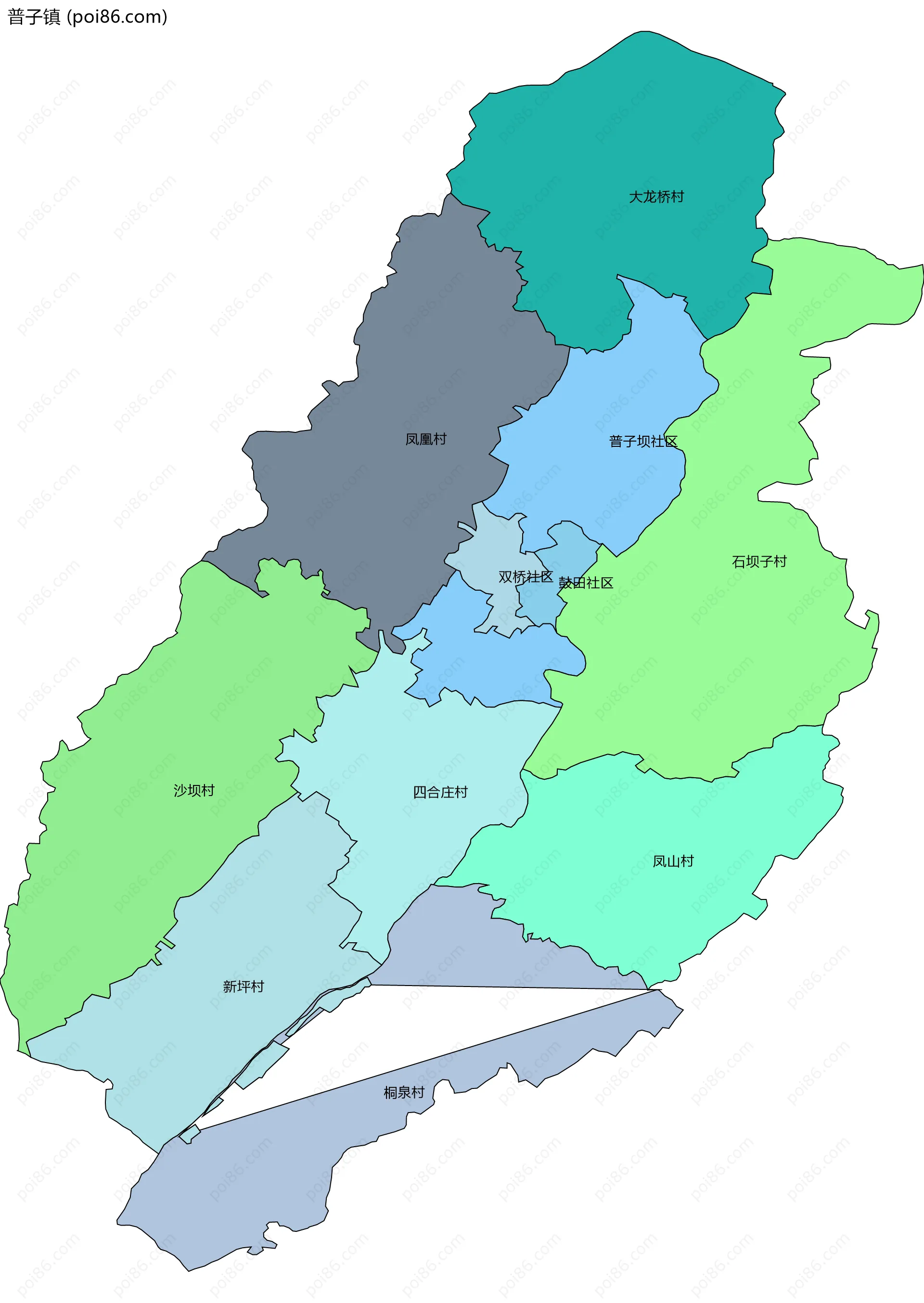 普子镇边界地图(五级行政区划)