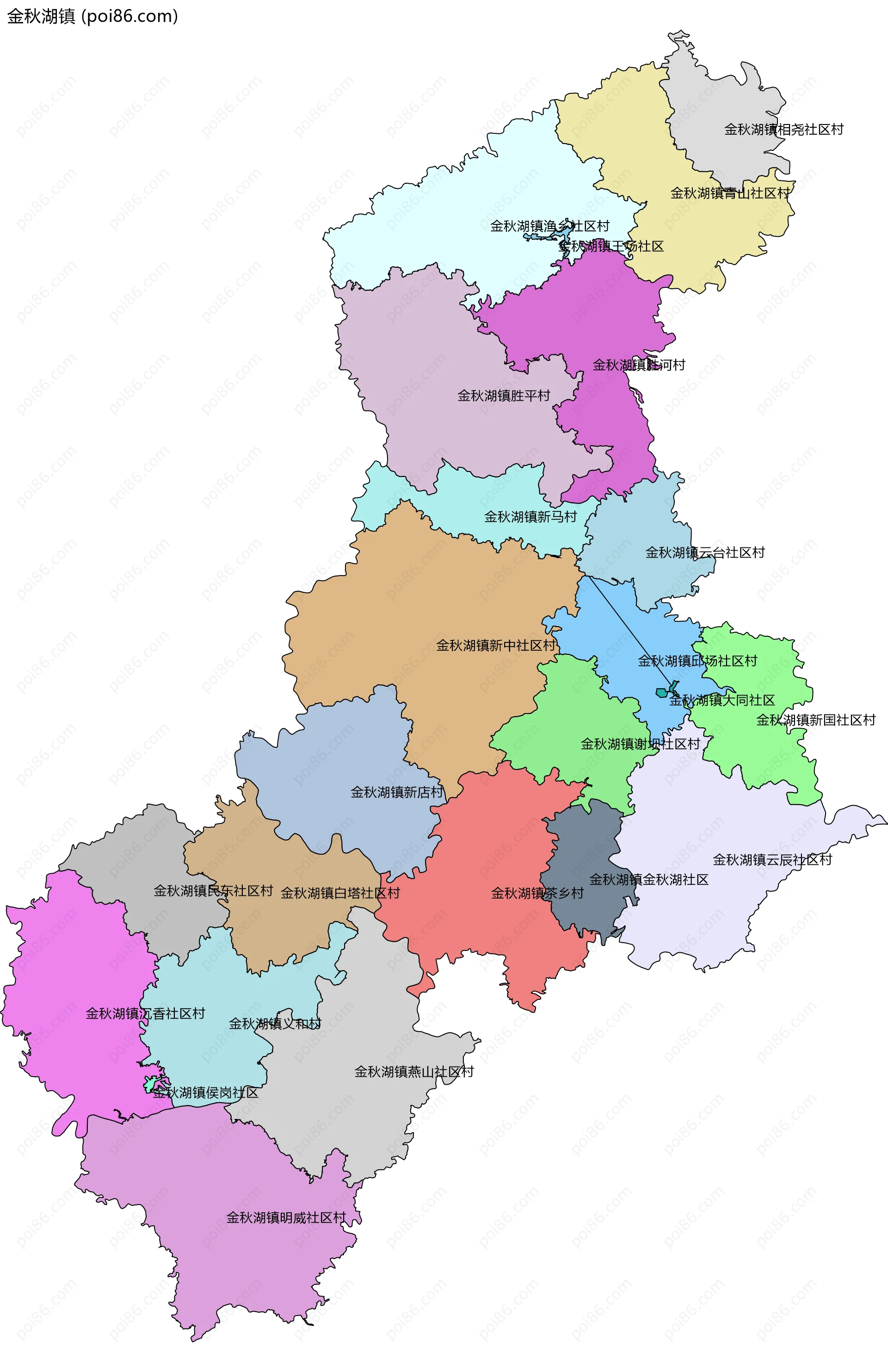 金秋湖镇边界地图(五级行政区划)